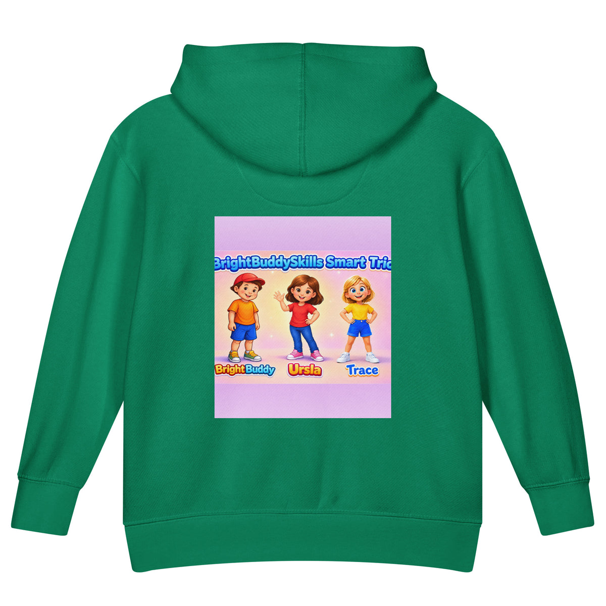 BrightBuddySkills Smart Trio kids hoodie in kelly green, back view