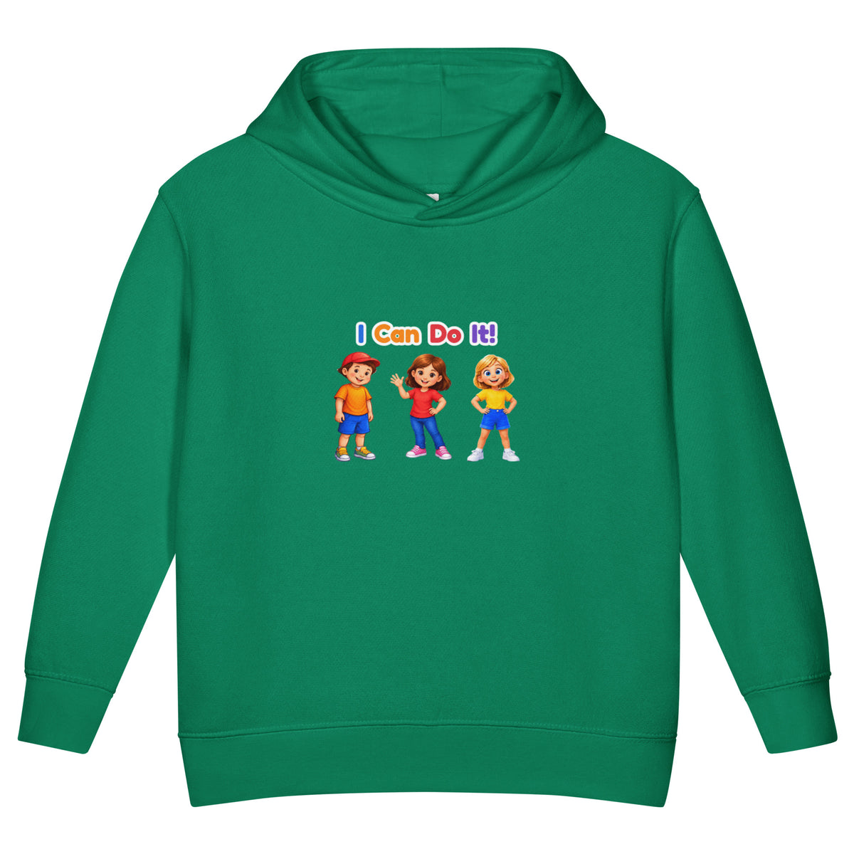 BrightBuddySkills toddler fleece pullover hoodie in kelly green, front view, featuring BrightBuddy, Ursla and Trace