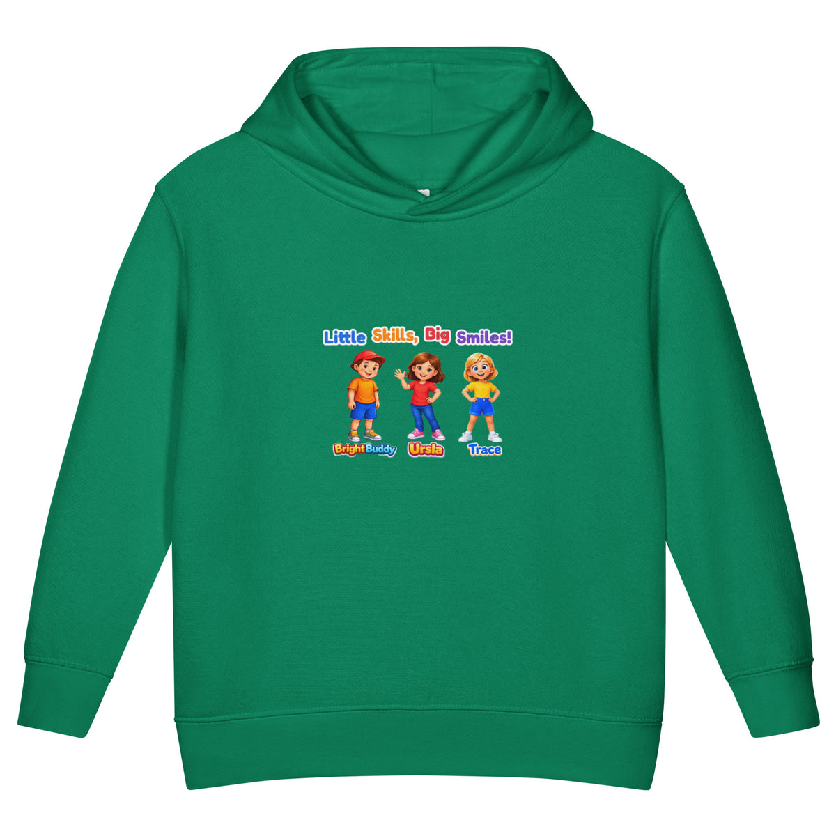 BrightBuddySkills Smart Trio kids hoodie in kelly green, front view, featuring BrightBuddy, Ursla and Trace
