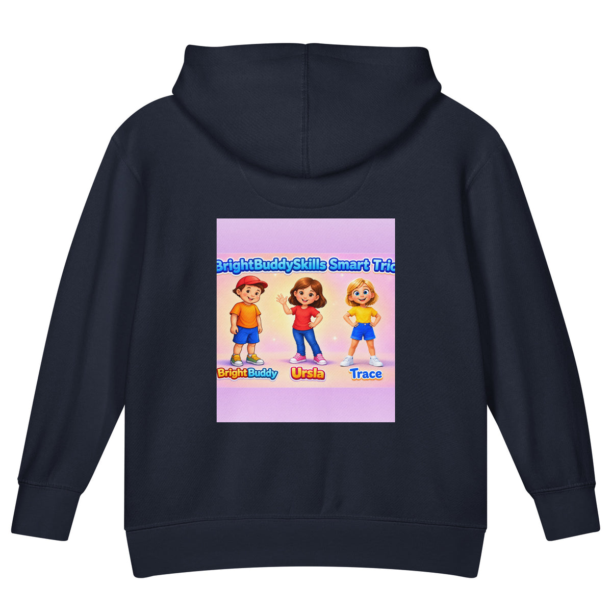 BrightBuddySkills Smart Trio kids hoodie in navy, back view