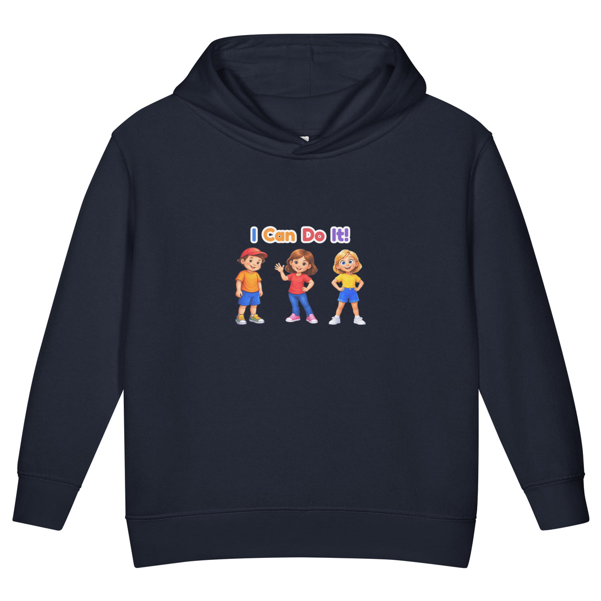 BrightBuddySkills toddler fleece pullover hoodie in navy, front view, featuring BrightBuddy, Ursla and Trace