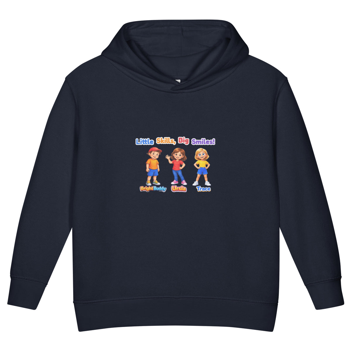 BrightBuddySkills Smart Trio kids hoodie in navy, front view, featuring BrightBuddy, Ursla and Trace