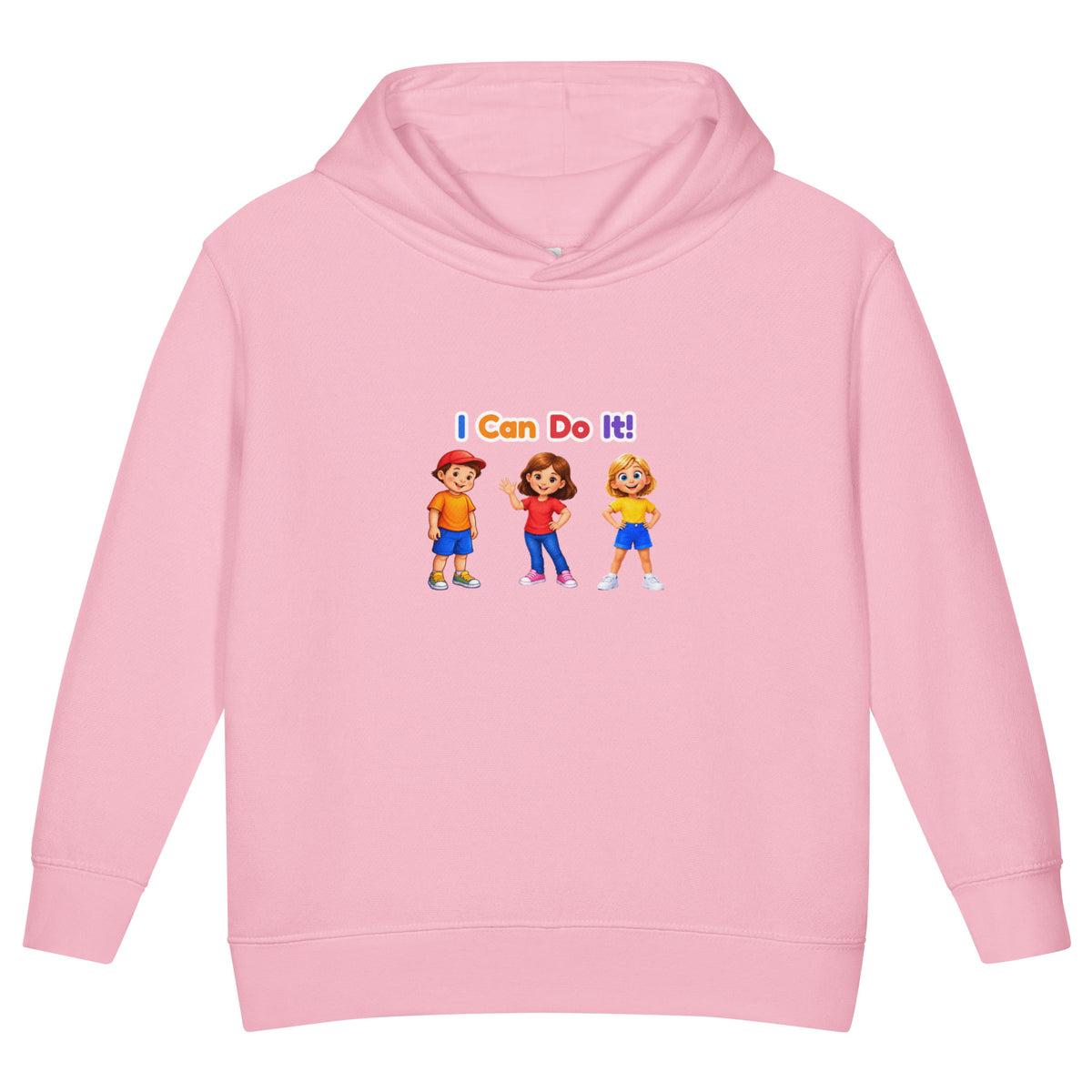 BrightBuddySkills toddler fleece pullover hoodie in pink, front view, featuring BrightBuddy, Ursla and Trace