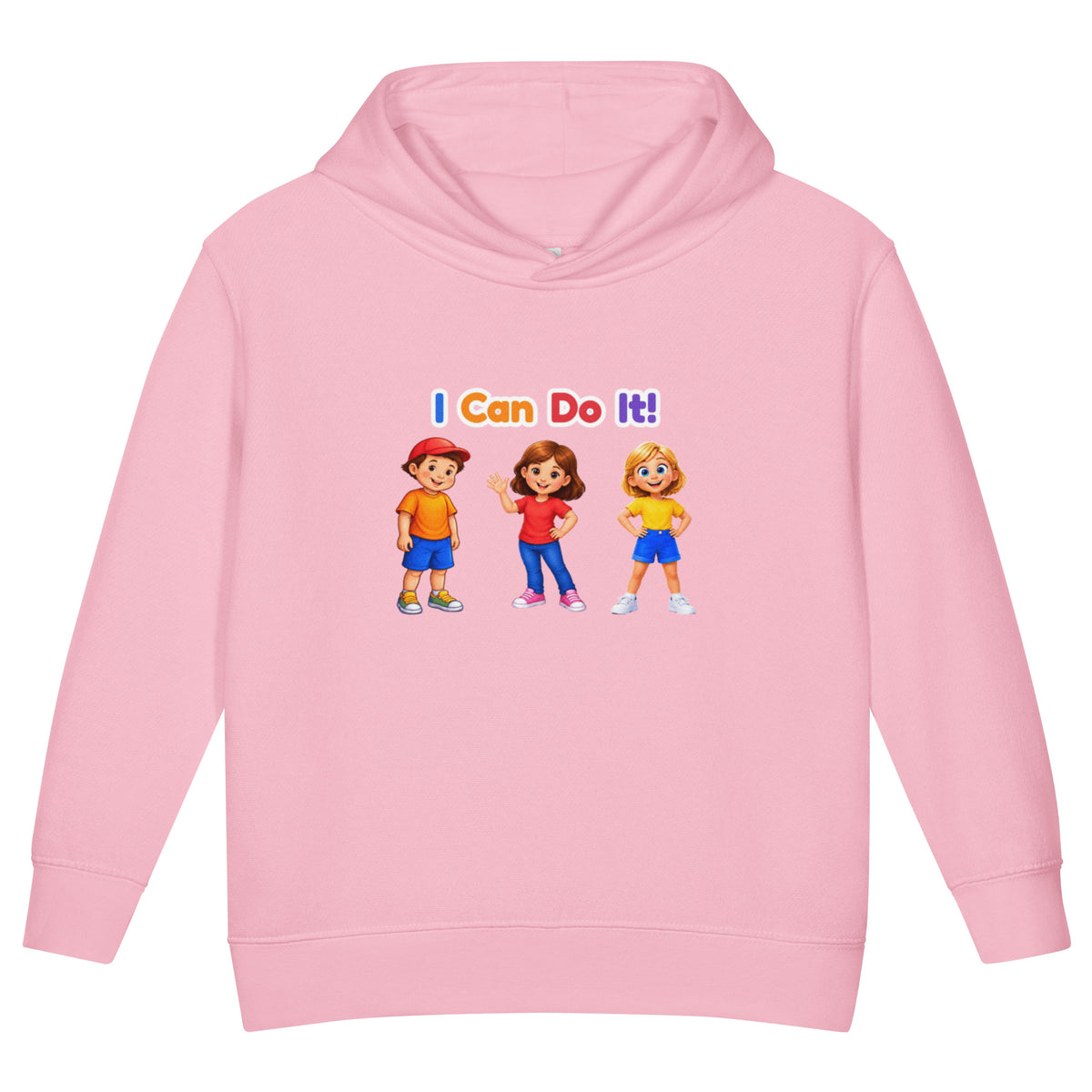 BrightBuddySkills Smart Trio kids hoodie in pink, front view, featuring BrightBuddy, Ursla and Trace