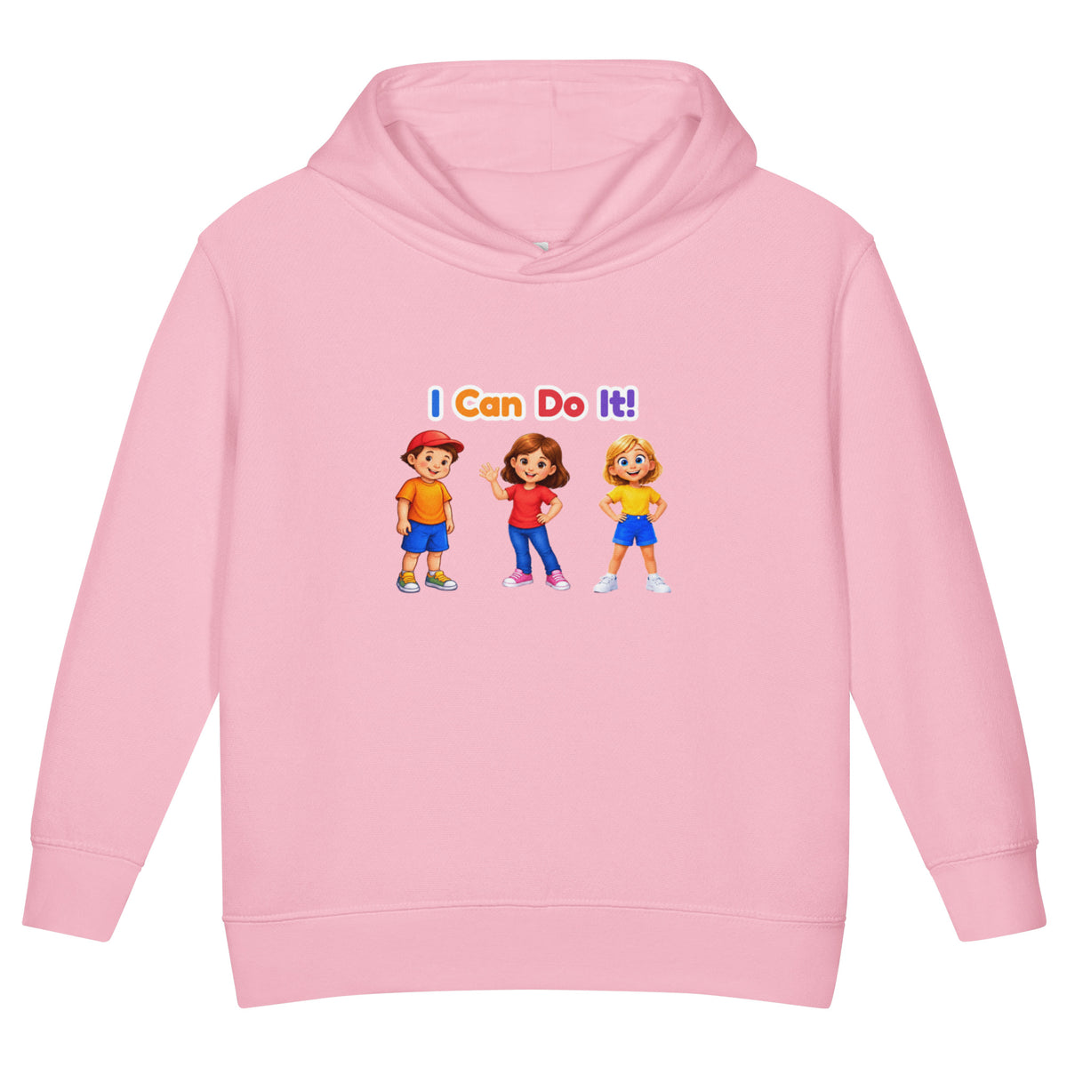 BrightBuddySkills Smart Trio kids hoodie in pink, front view, featuring BrightBuddy, Ursla and Trace