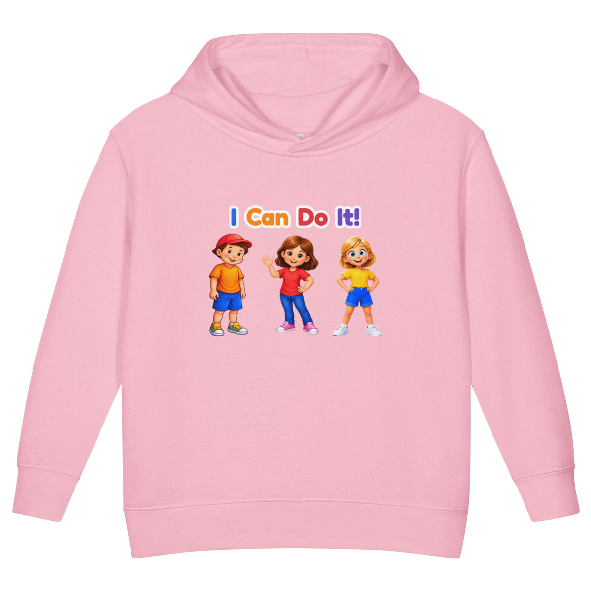 BrightBuddySkills Smart Trio kids hoodie in pink, front view, featuring BrightBuddy, Ursla and Trace