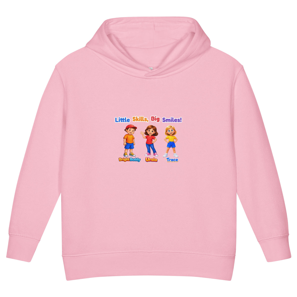 BrightBuddySkills Smart Trio kids hoodie in pink, front view, featuring BrightBuddy, Ursla and Trace
