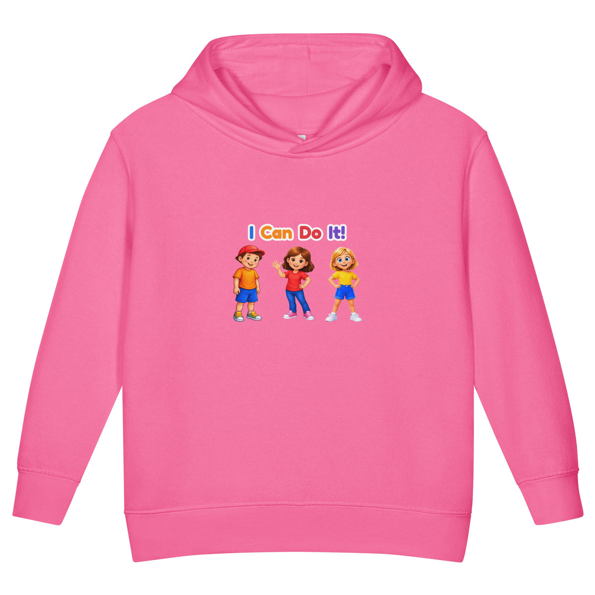BrightBuddySkills toddler fleece pullover hoodie in raspberry, front view, featuring BrightBuddy, Ursla and Trace