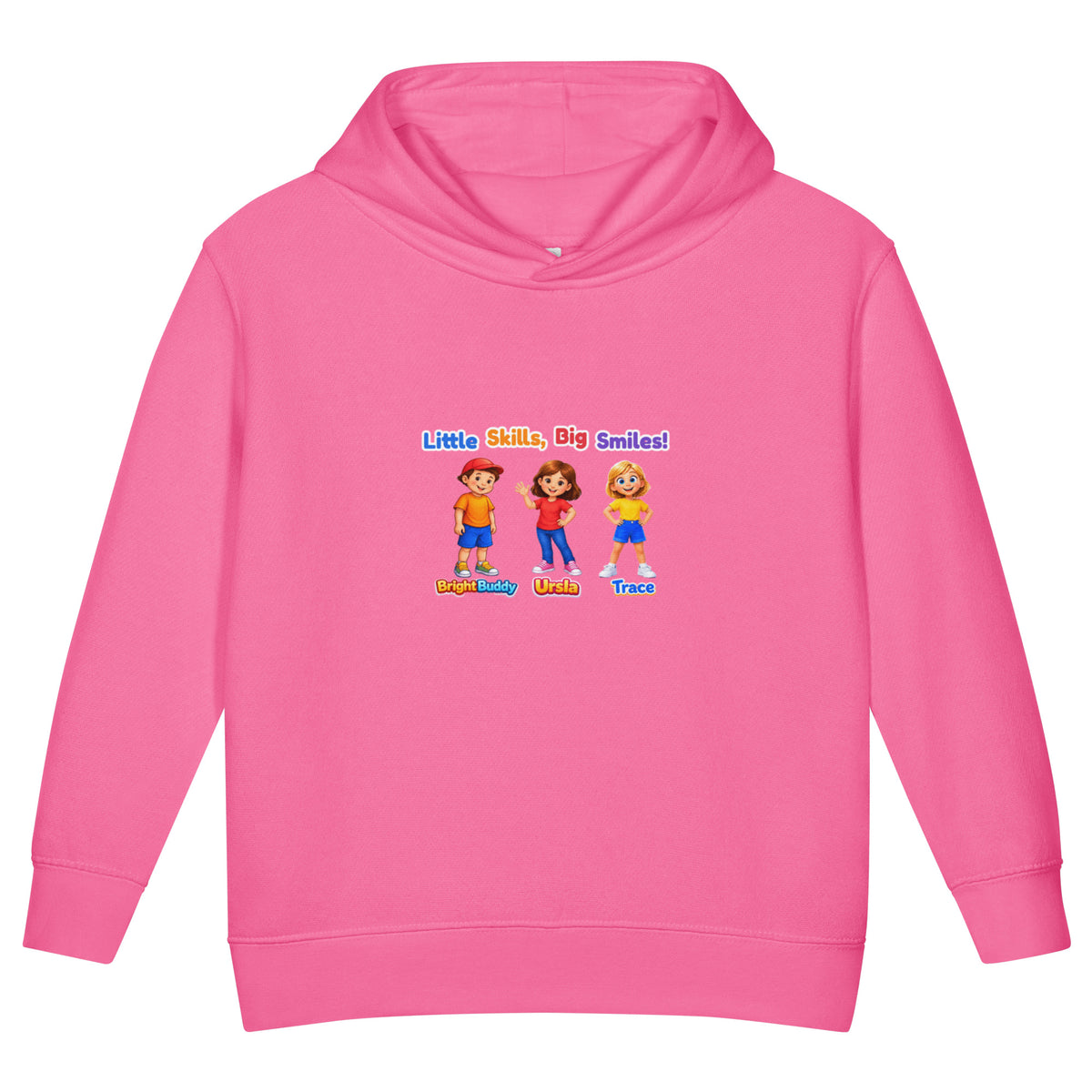 BrightBuddySkills Smart Trio kids hoodie in raspberry, front view, featuring BrightBuddy, Ursla and Trace