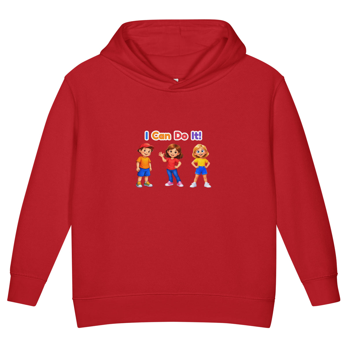 BrightBuddySkills toddler fleece pullover hoodie in red, front view, featuring BrightBuddy, Ursla and Trace