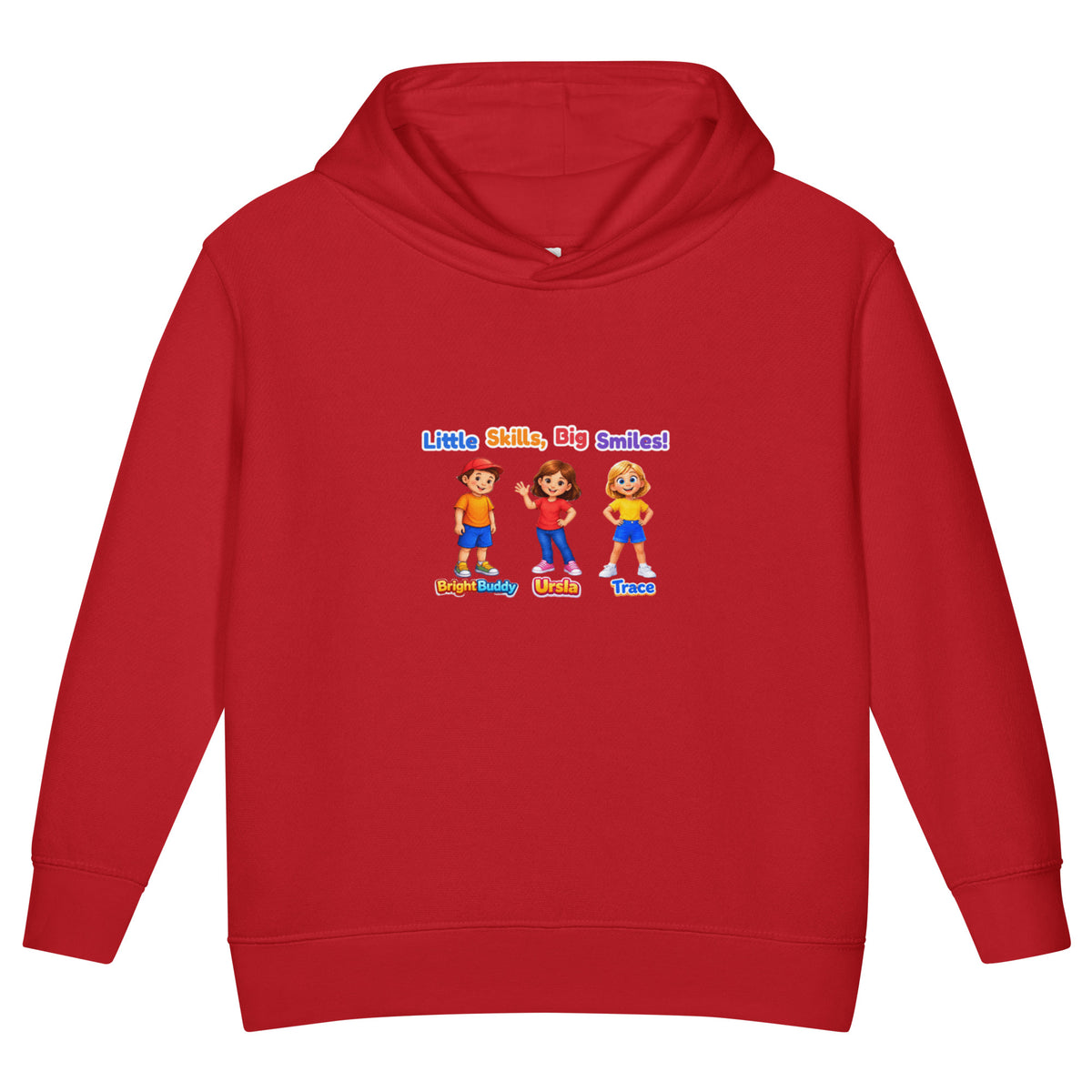 BrightBuddySkills Smart Trio kids hoodie in red, front view, featuring BrightBuddy, Ursla and Trace