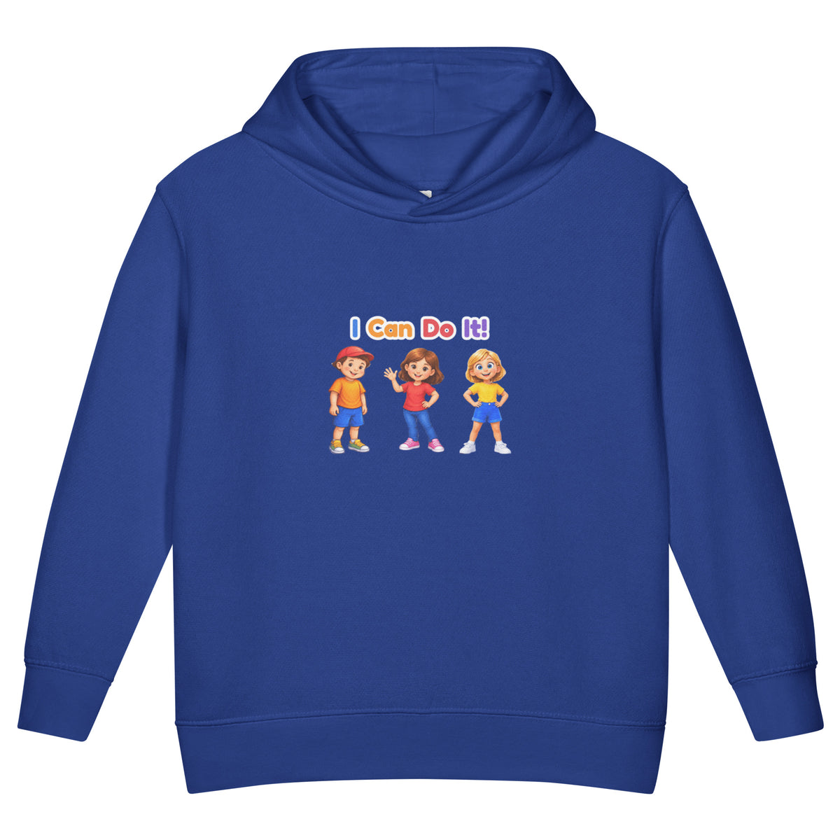 BrightBuddySkills toddler fleece pullover hoodie in royal blue, front view, featuring BrightBuddy, Ursla and Trace