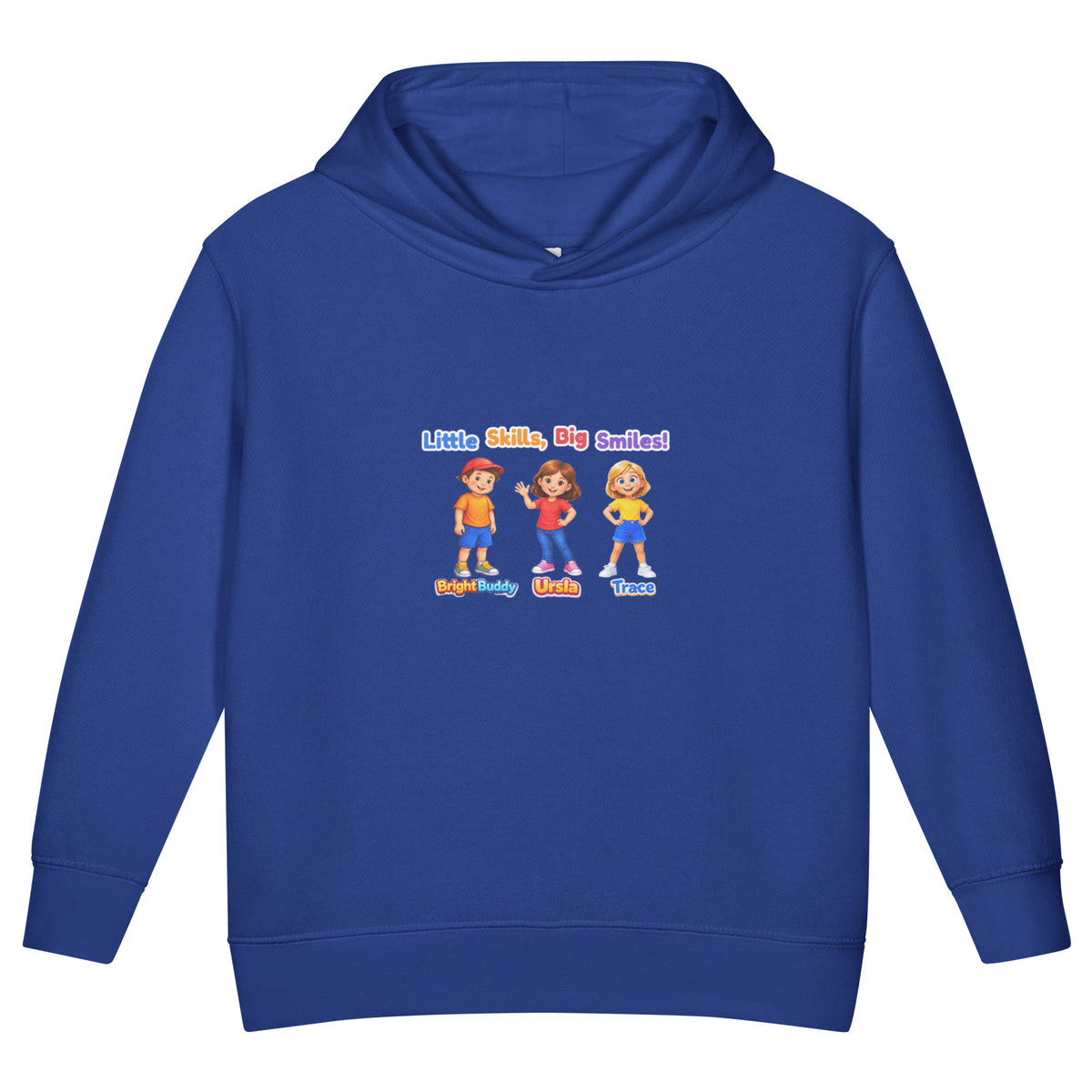 BrightBuddySkills Smart Trio kids hoodie in royal blue, front view, featuring BrightBuddy, Ursla and Trace