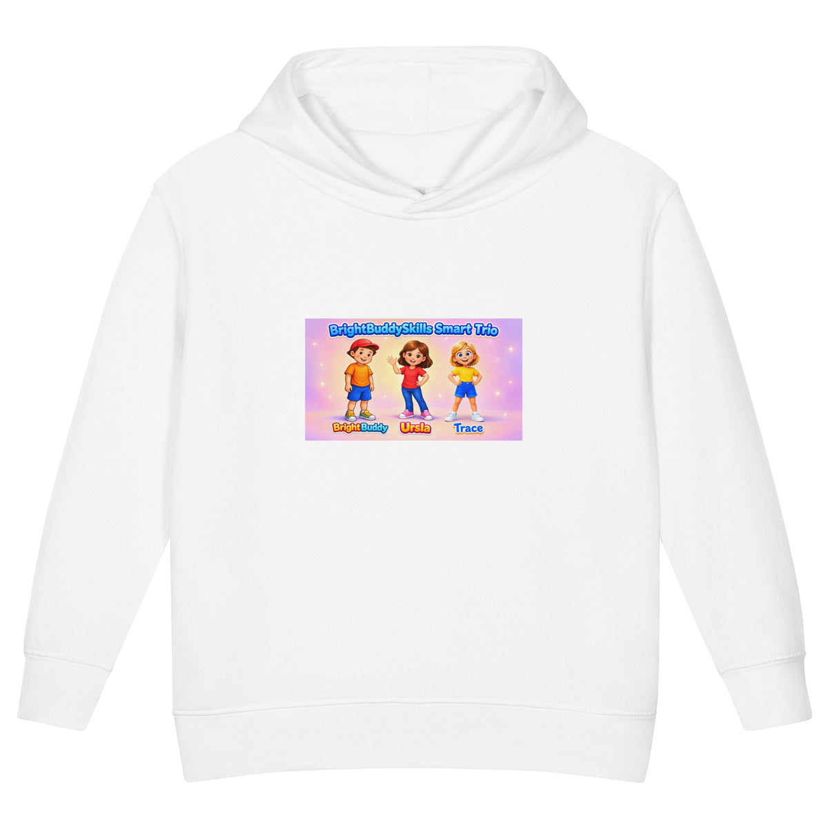 BrightBuddySkills toddler fleece pullover hoodie, white, front view — product mockup