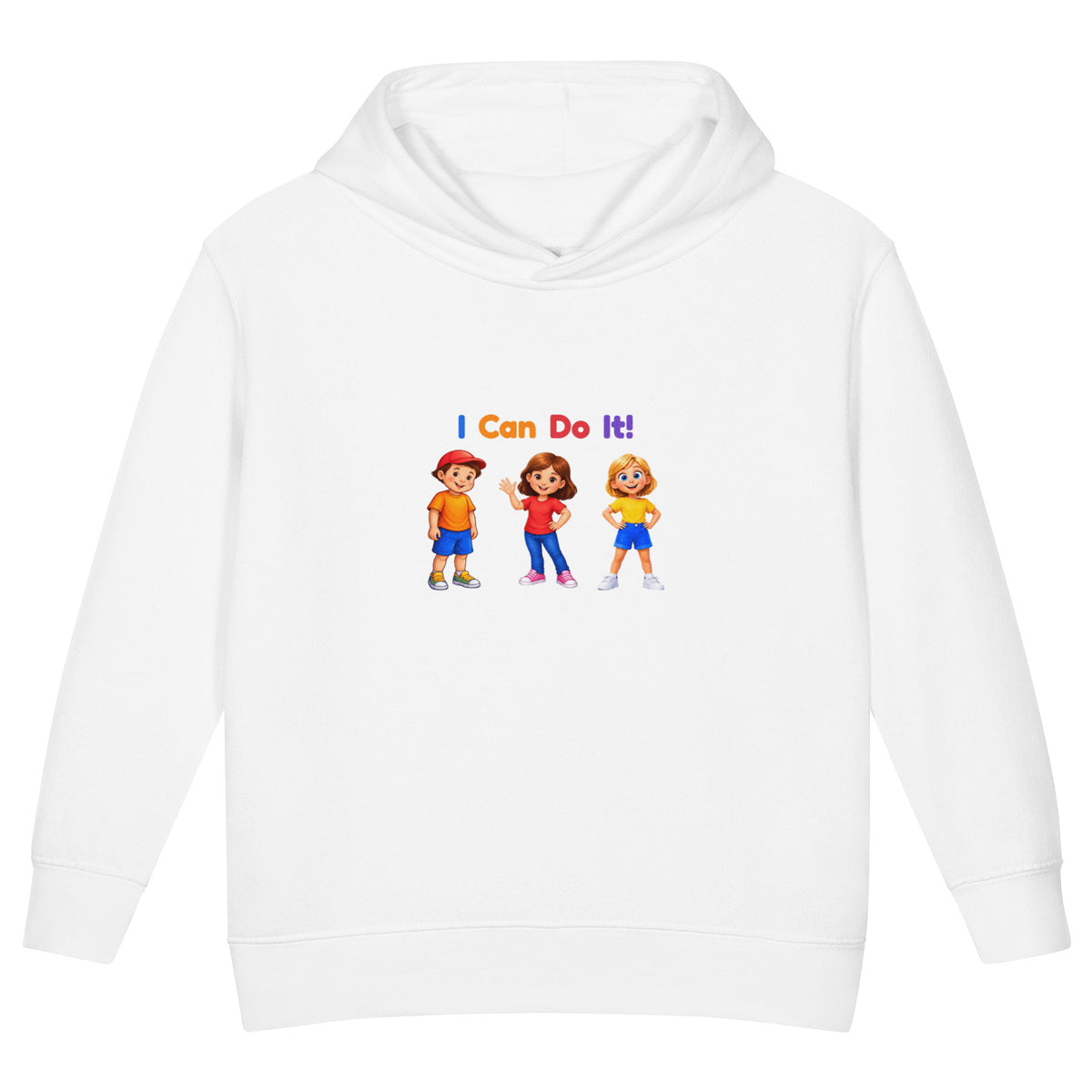 BrightBuddySkills toddler fleece pullover hoodie in white, front view, I Can Do It design with BrightBuddy, Ursla and Trace