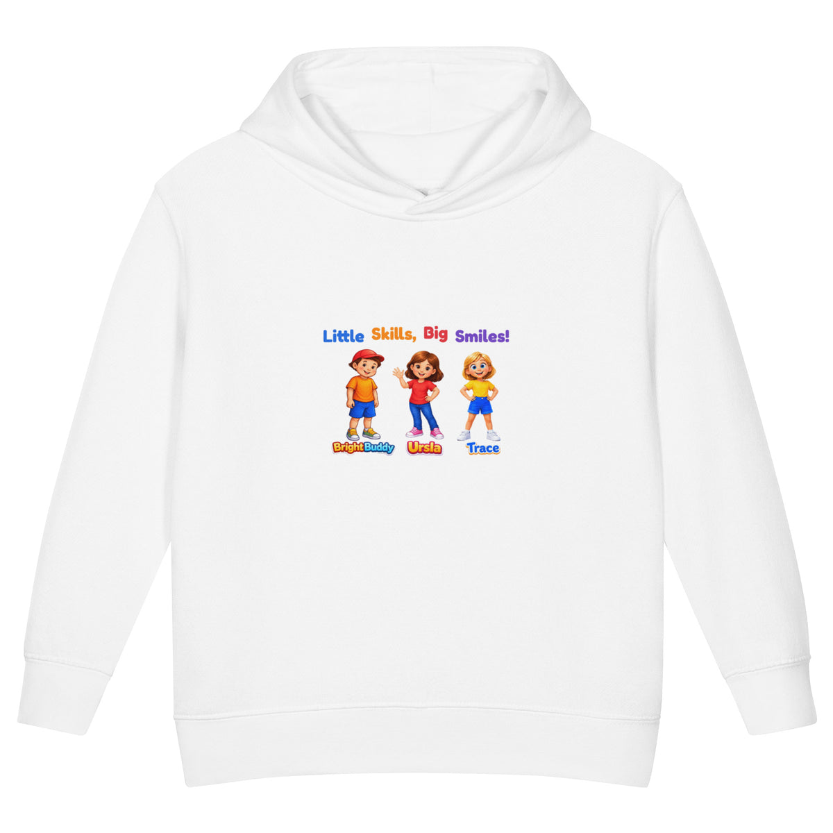 BrightBuddySkills Smart Trio kids hoodie in white, front view, featuring BrightBuddy, Ursla and Trace