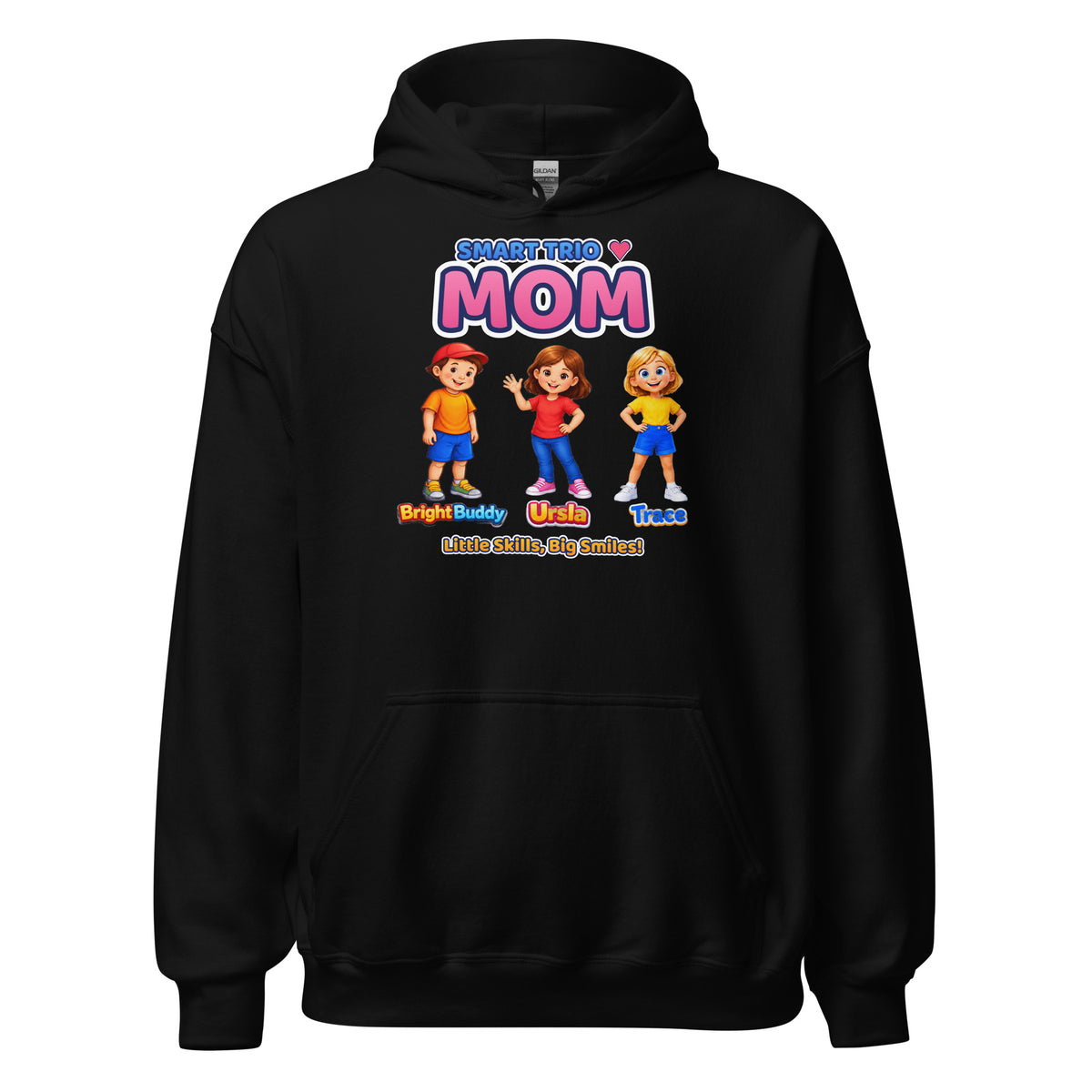 Smart Trio Mom hoodie in black, BrightBuddySkills front print with BrightBuddy, Ursla and Trace