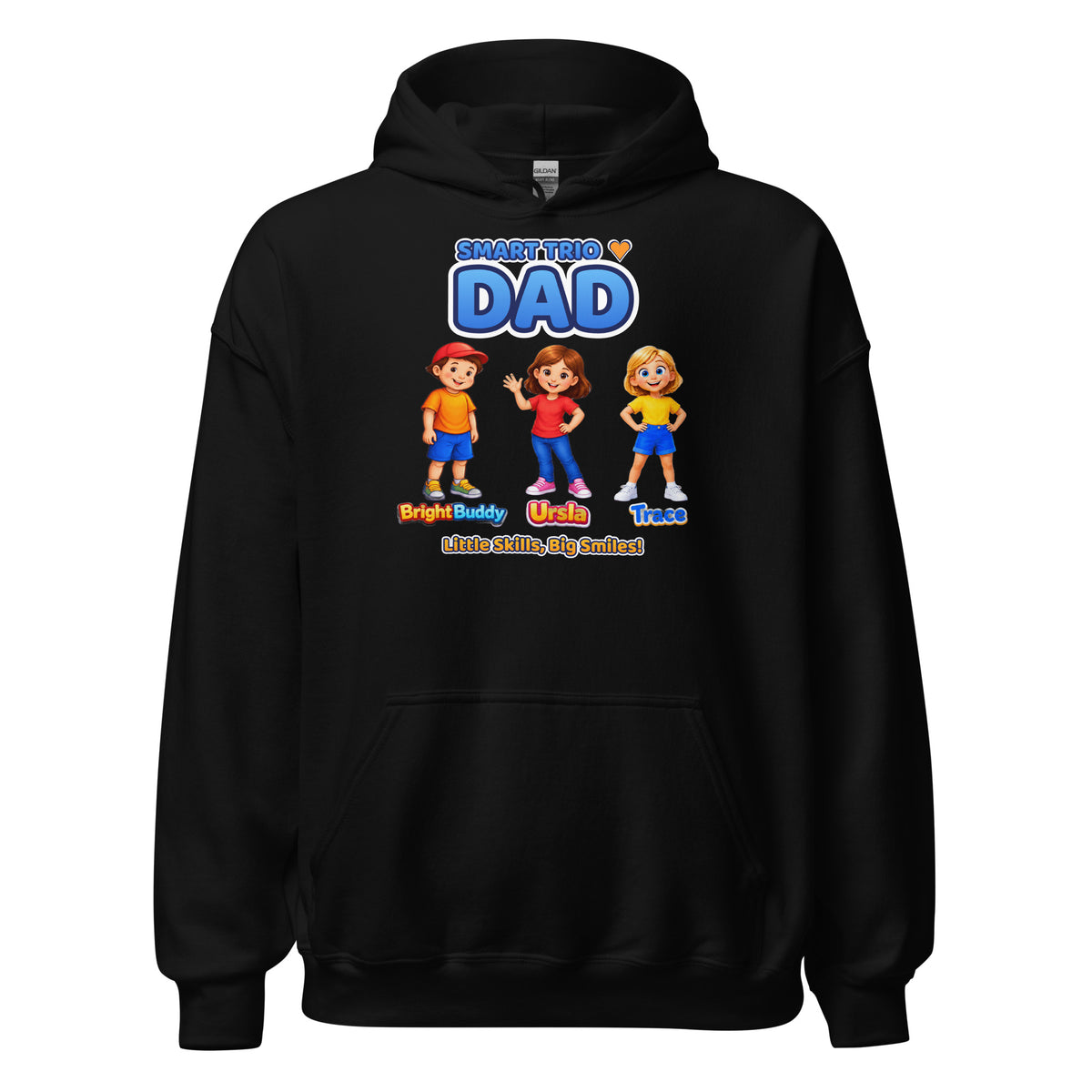 Smart Trio Dad hoodie in black, BrightBuddySkills front print with BrightBuddy, Ursla and Trace