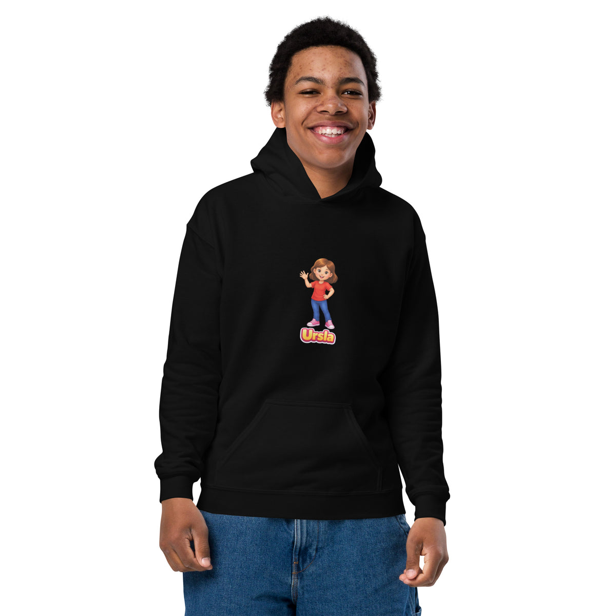 BrightBuddySkills Ursla youth hoodie in black, front view on model, featuring Ursla