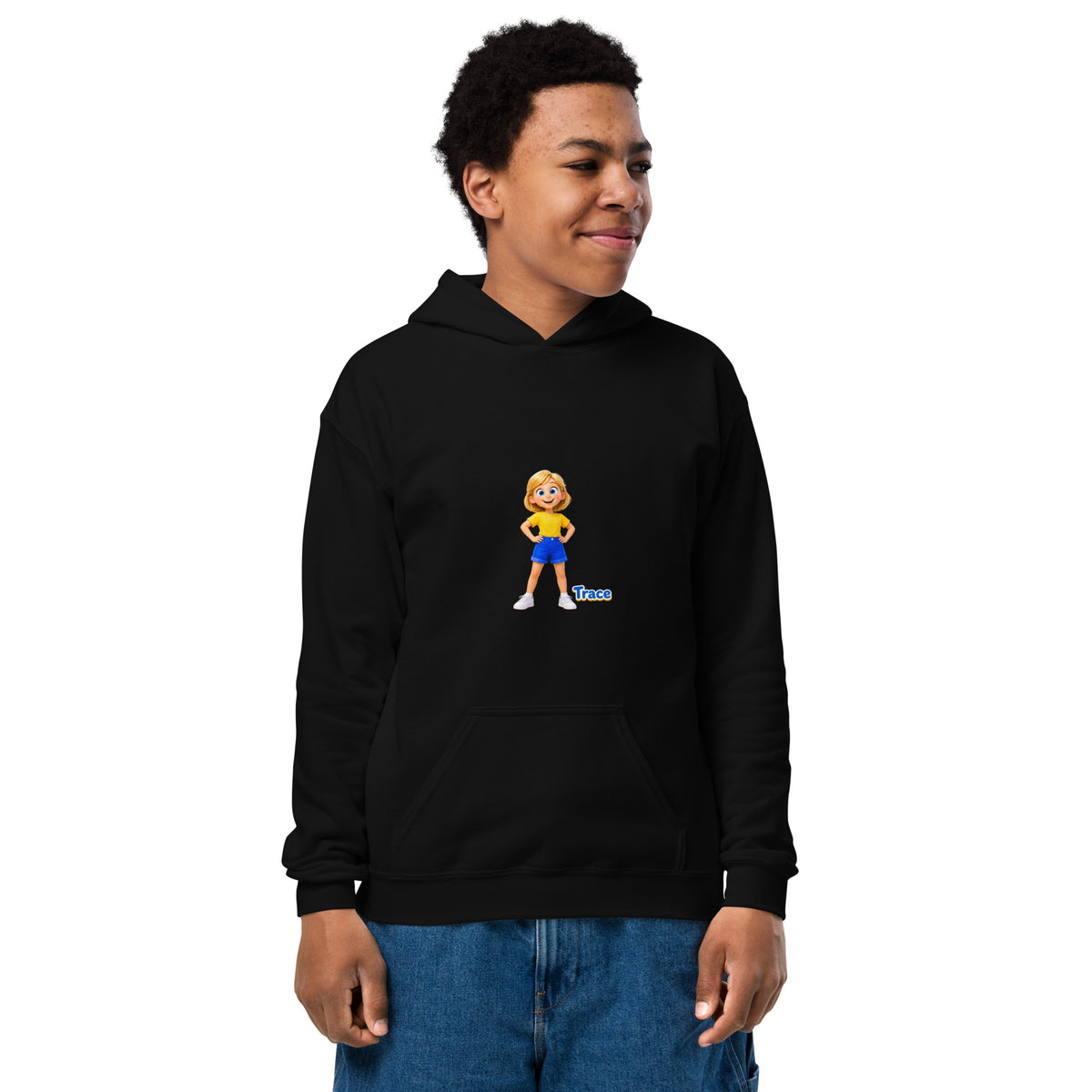 BrightBuddySkills Trace youth hoodie in black, front view, featuring Trace