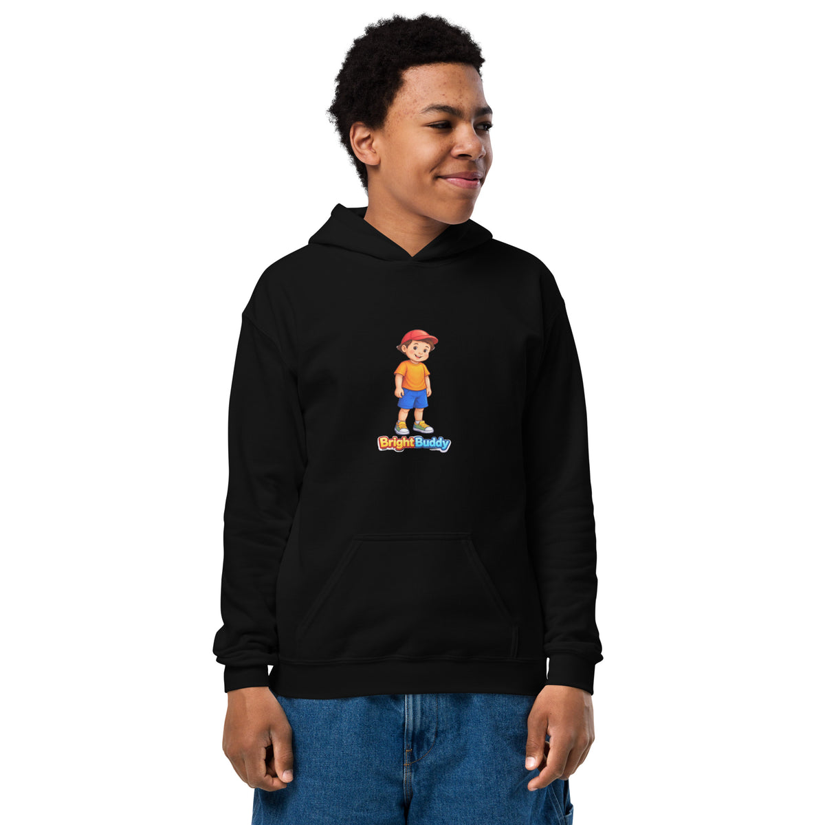 BrightBuddySkills BrightBuddy youth hoodie in black, front view, featuring BrightBuddy