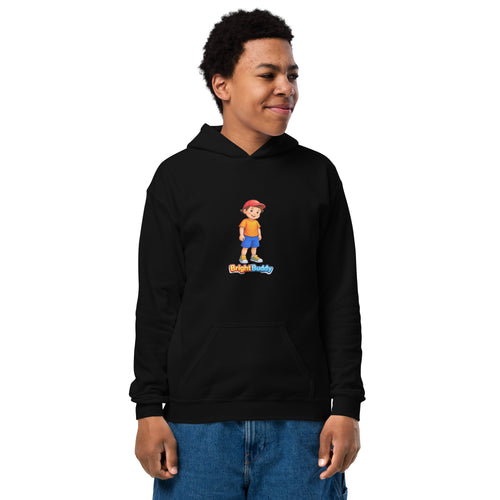 BrightBuddySkills BrightBuddy youth hoodie in black, front view, featuring BrightBuddy