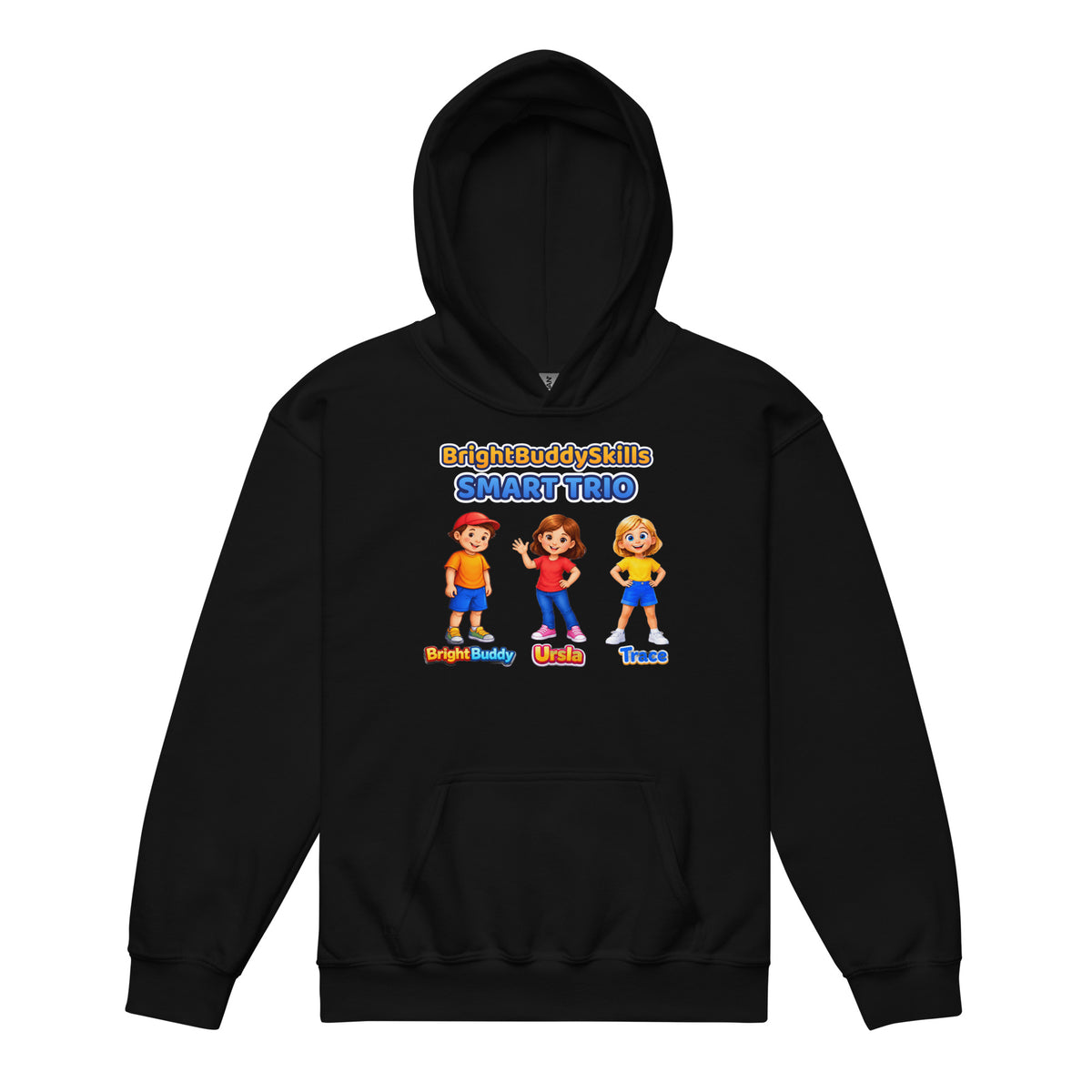 BrightBuddySkills Smart Trio youth hoodie in black, front print with BrightBuddy, Ursla and Trace