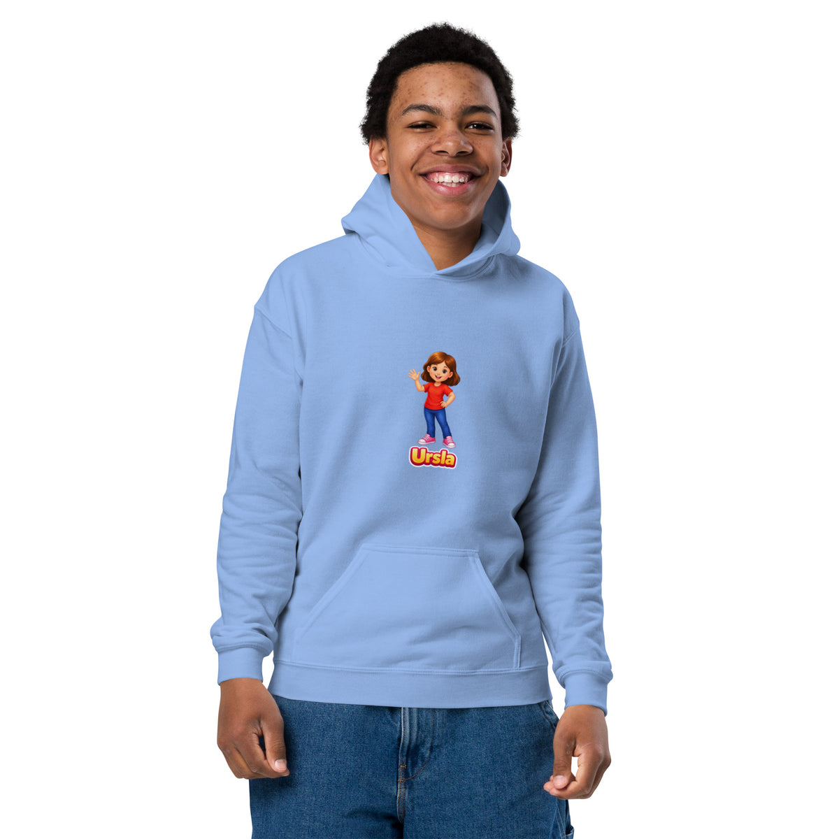 BrightBuddySkills Ursla youth hoodie in carolina blue, front view on model, featuring Ursla