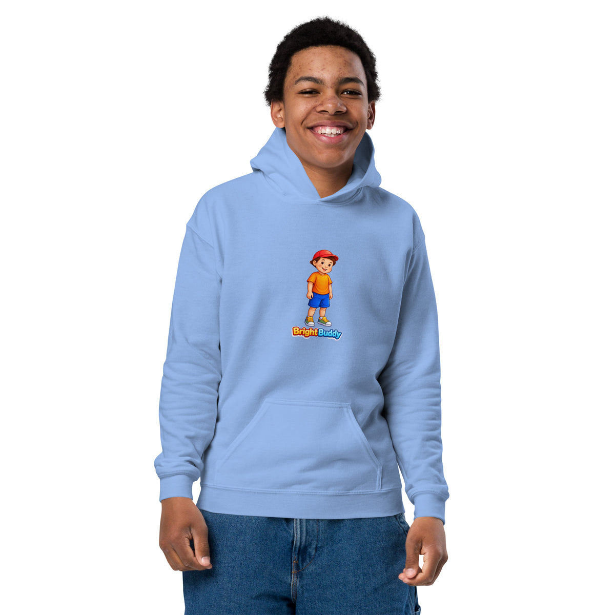 BrightBuddySkills BrightBuddy youth hoodie in carolina blue, front view on model, featuring BrightBuddy