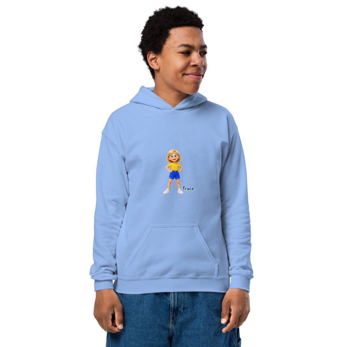BrightBuddySkills Trace youth hoodie in carolina blue, front view, featuring Trace