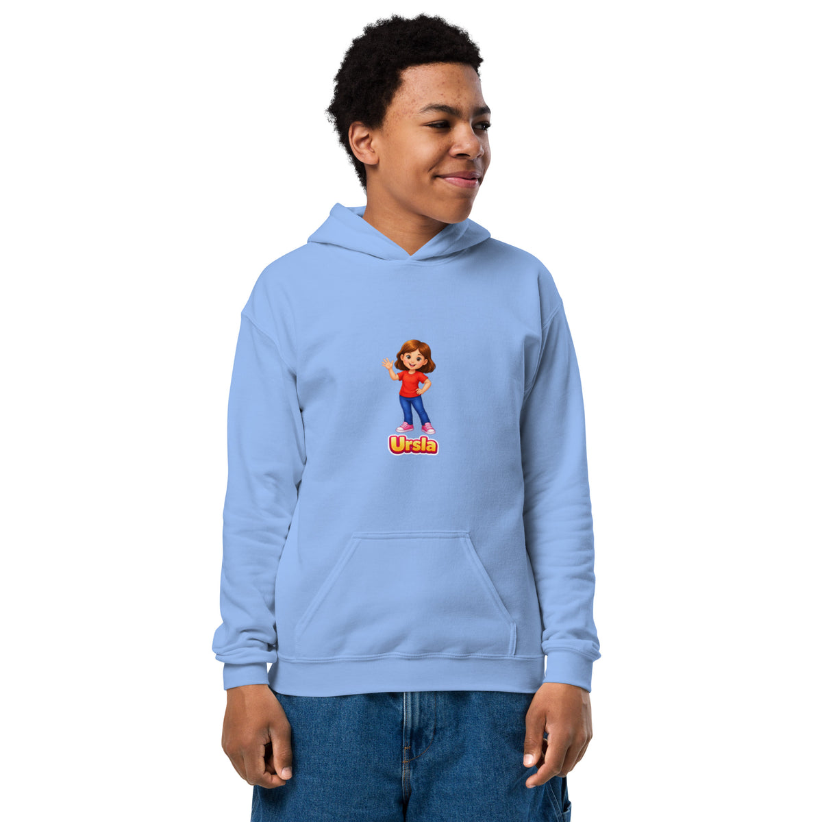 BrightBuddySkills Ursla youth hoodie in carolina blue, front view, featuring Ursla