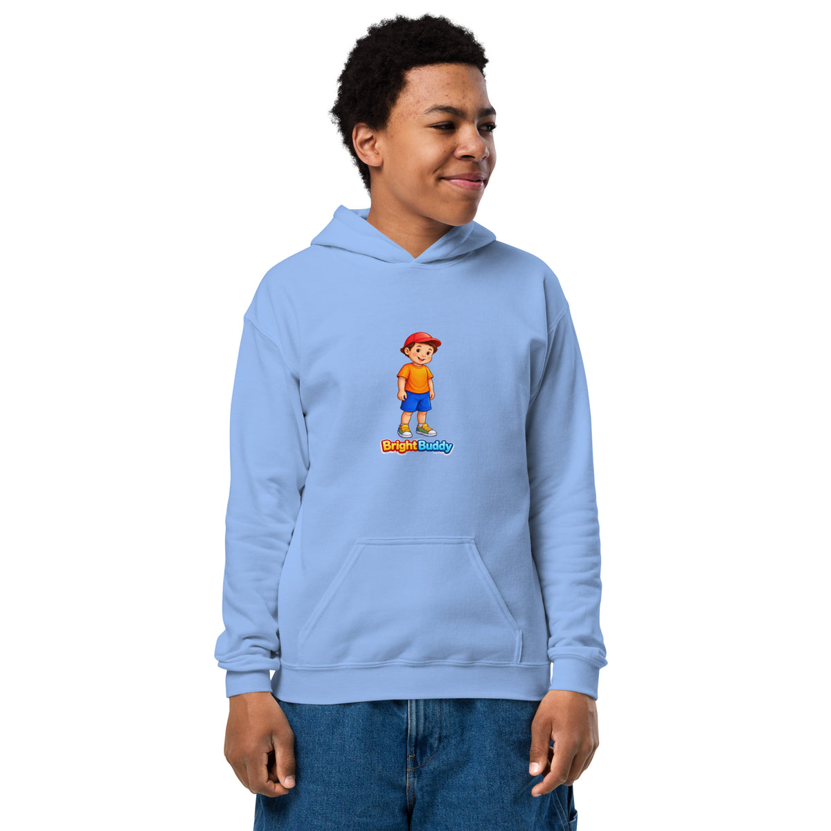 BrightBuddySkills BrightBuddy youth hoodie in carolina blue, front view, featuring BrightBuddy