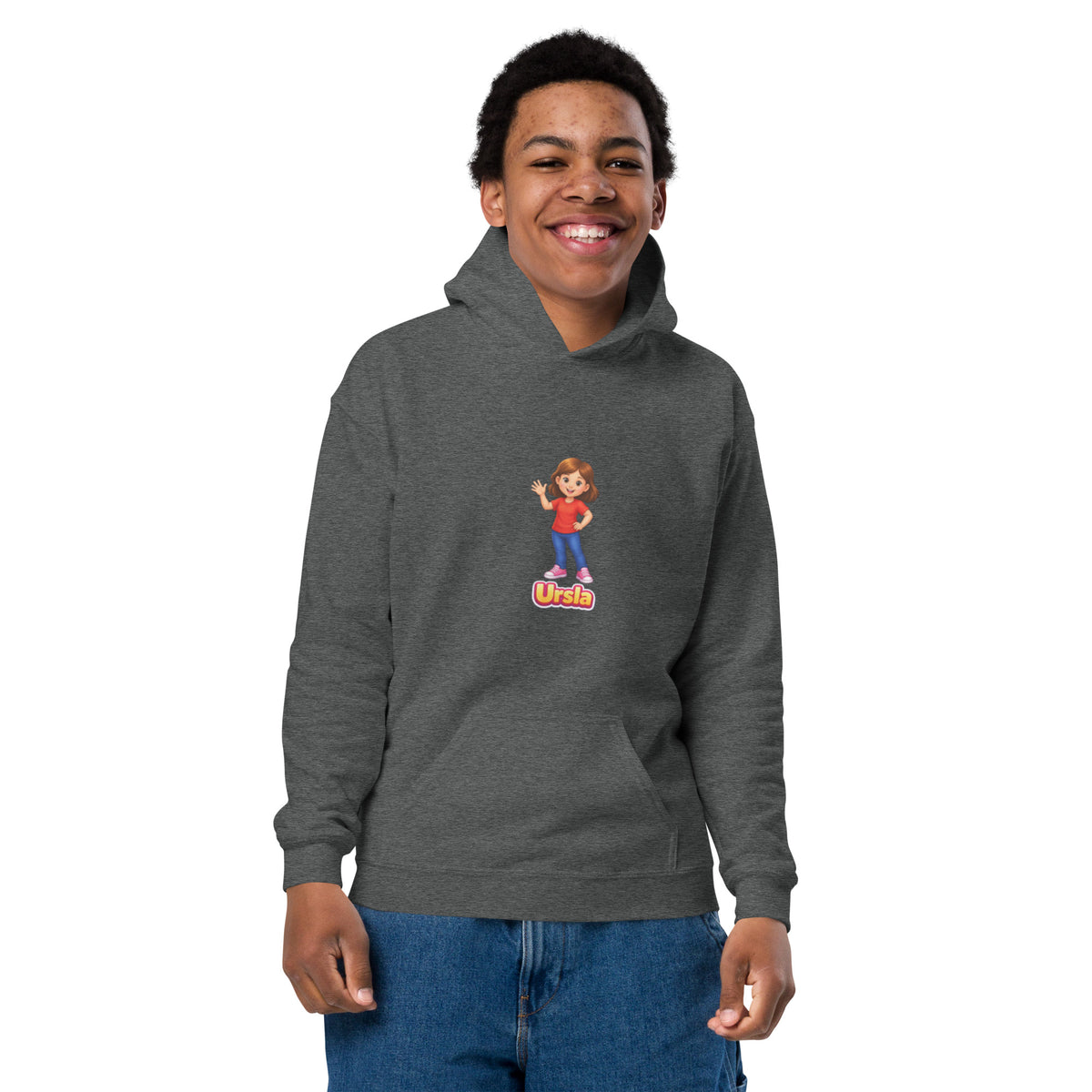 BrightBuddySkills Ursla youth hoodie in dark heather, front view on model, featuring Ursla