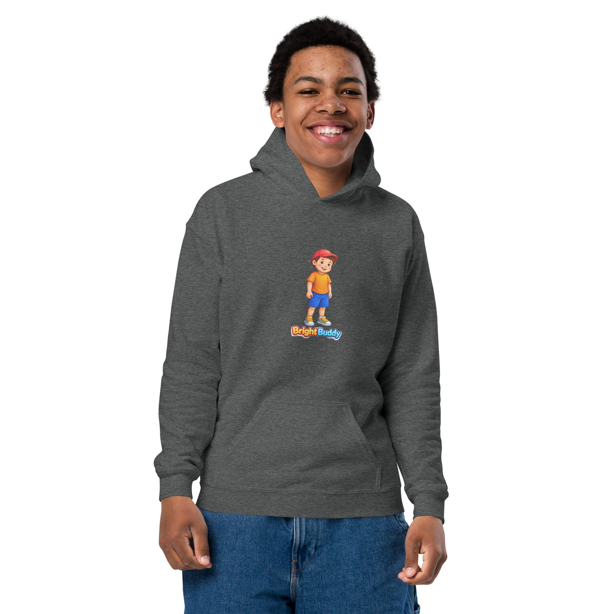 BrightBuddySkills BrightBuddy youth hoodie in dark heather, front view on model, featuring BrightBuddy