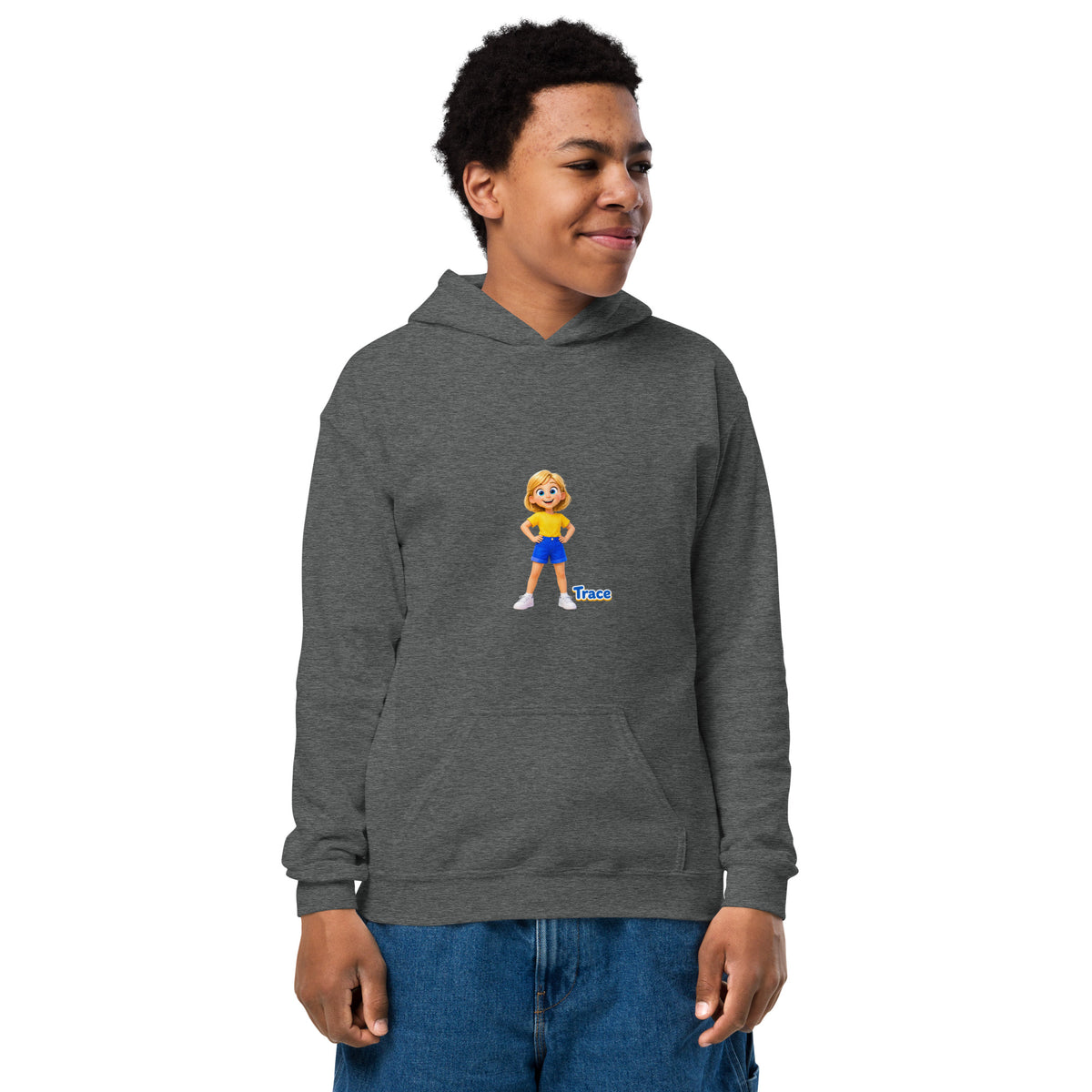 BrightBuddySkills Trace youth hoodie in dark heather, front view, featuring Trace