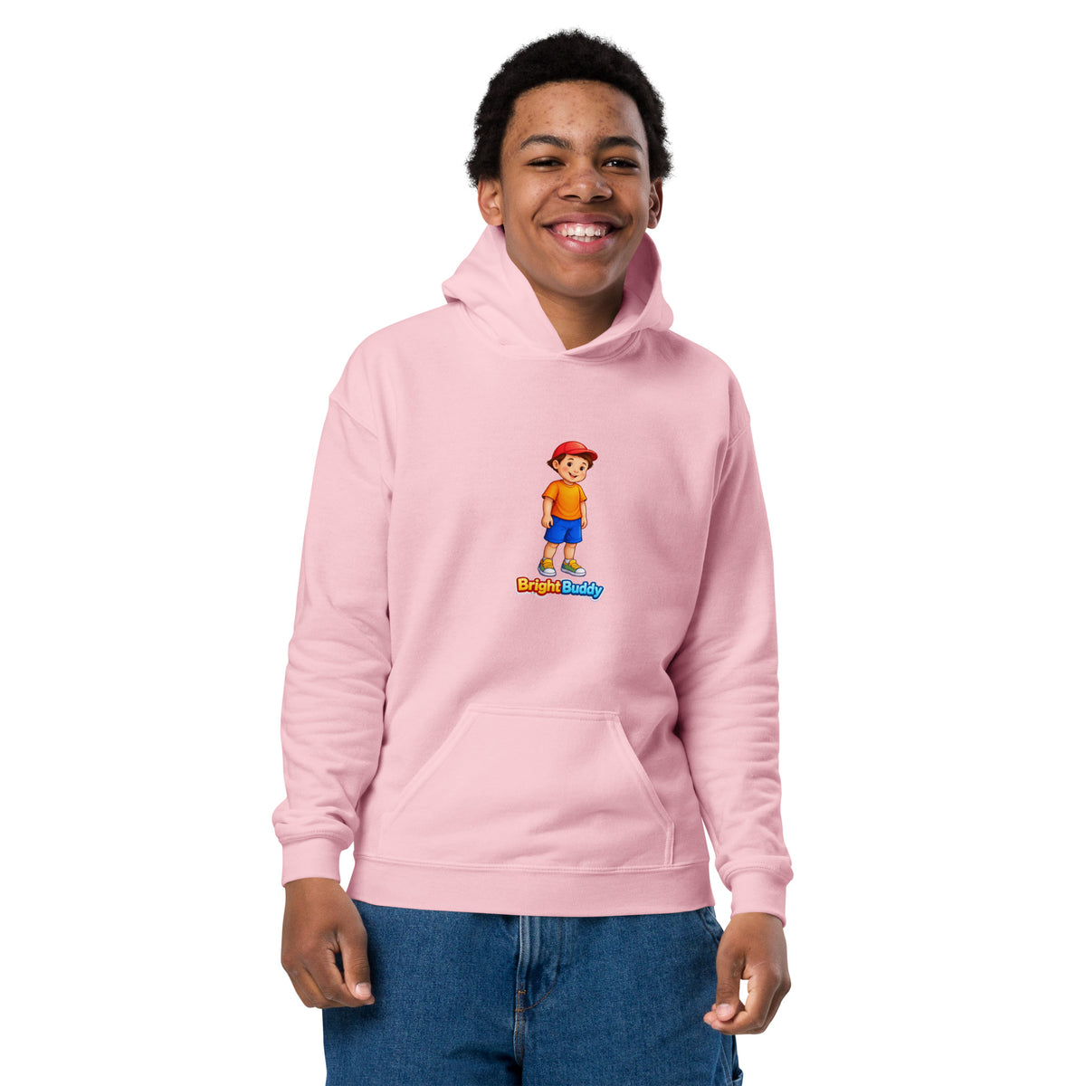 BrightBuddySkills BrightBuddy youth hoodie in light pink, front view on model, featuring BrightBuddy