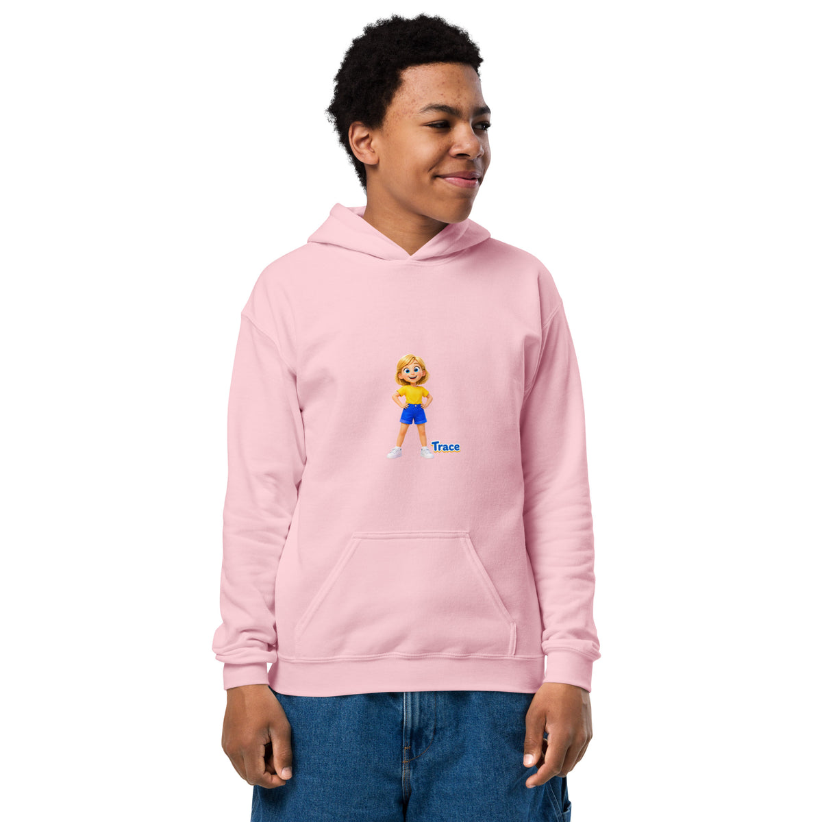 BrightBuddySkills Trace youth hoodie in light pink, front view, featuring Trace