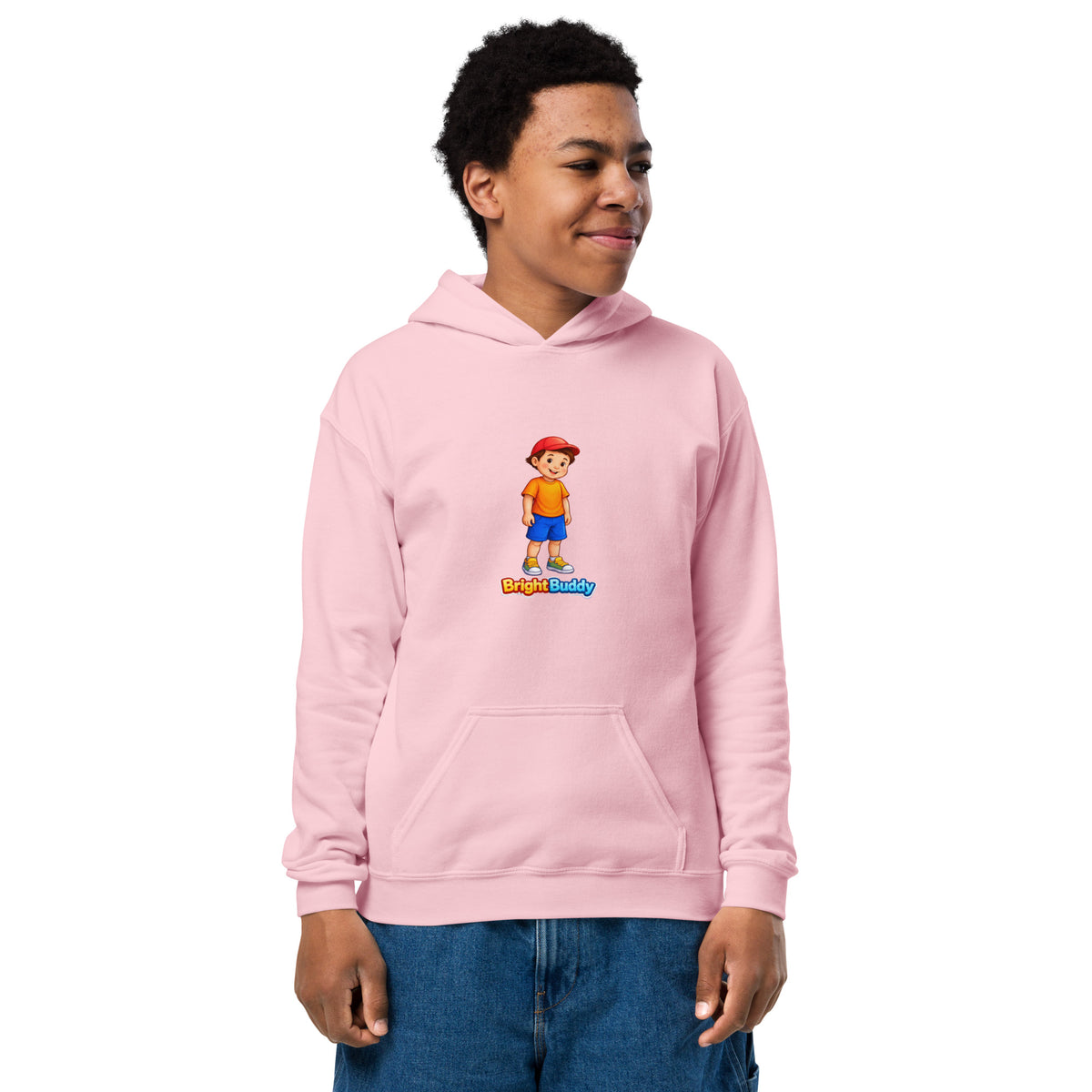 BrightBuddySkills BrightBuddy youth hoodie in light pink, front view, featuring BrightBuddy