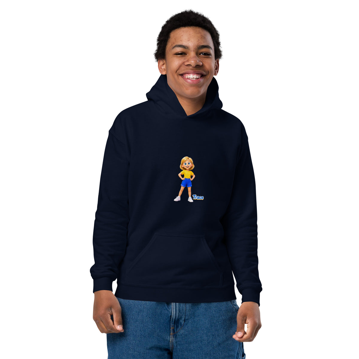 BrightBuddySkills Trace youth hoodie in navy, front view on model, featuring Trace