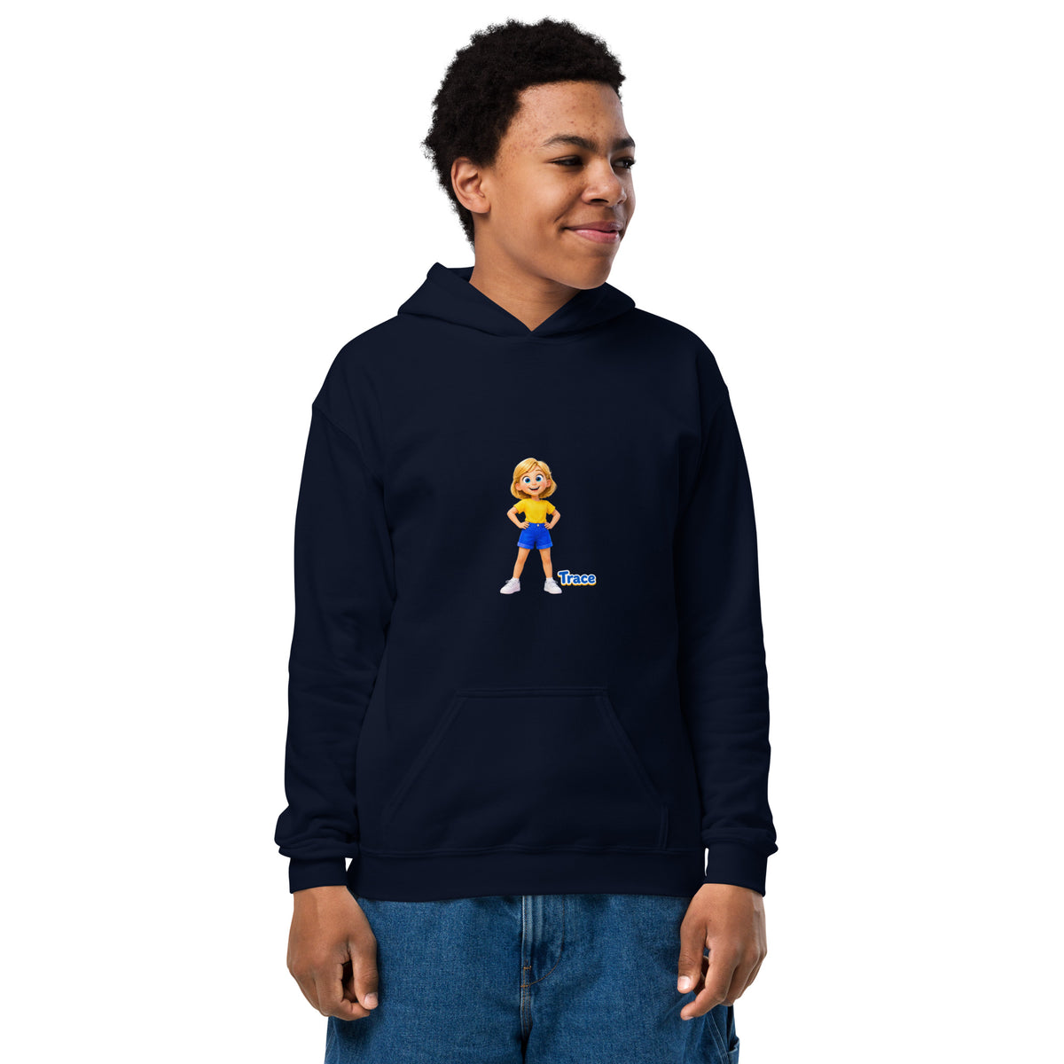 BrightBuddySkills Trace youth hoodie in navy, front view, featuring Trace