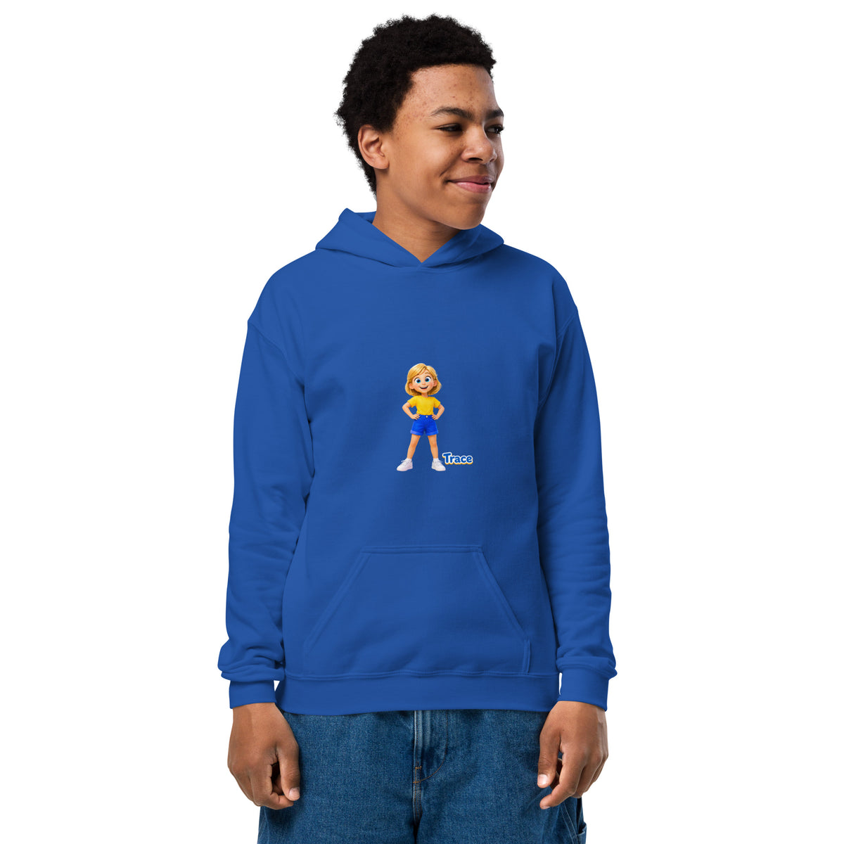 BrightBuddySkills Trace youth hoodie in royal blue, front view, featuring Trace