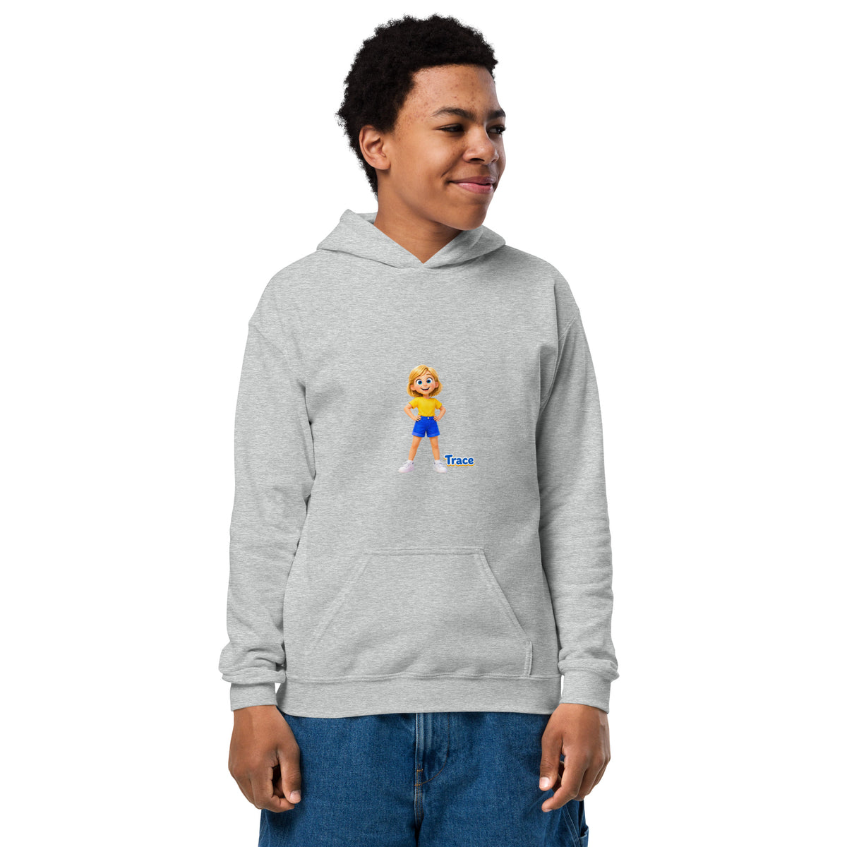 BrightBuddySkills Trace youth hoodie in sport grey, front view, featuring Trace