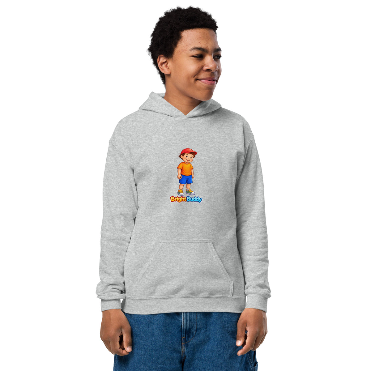 BrightBuddySkills BrightBuddy youth hoodie in sport grey, front view, featuring BrightBuddy