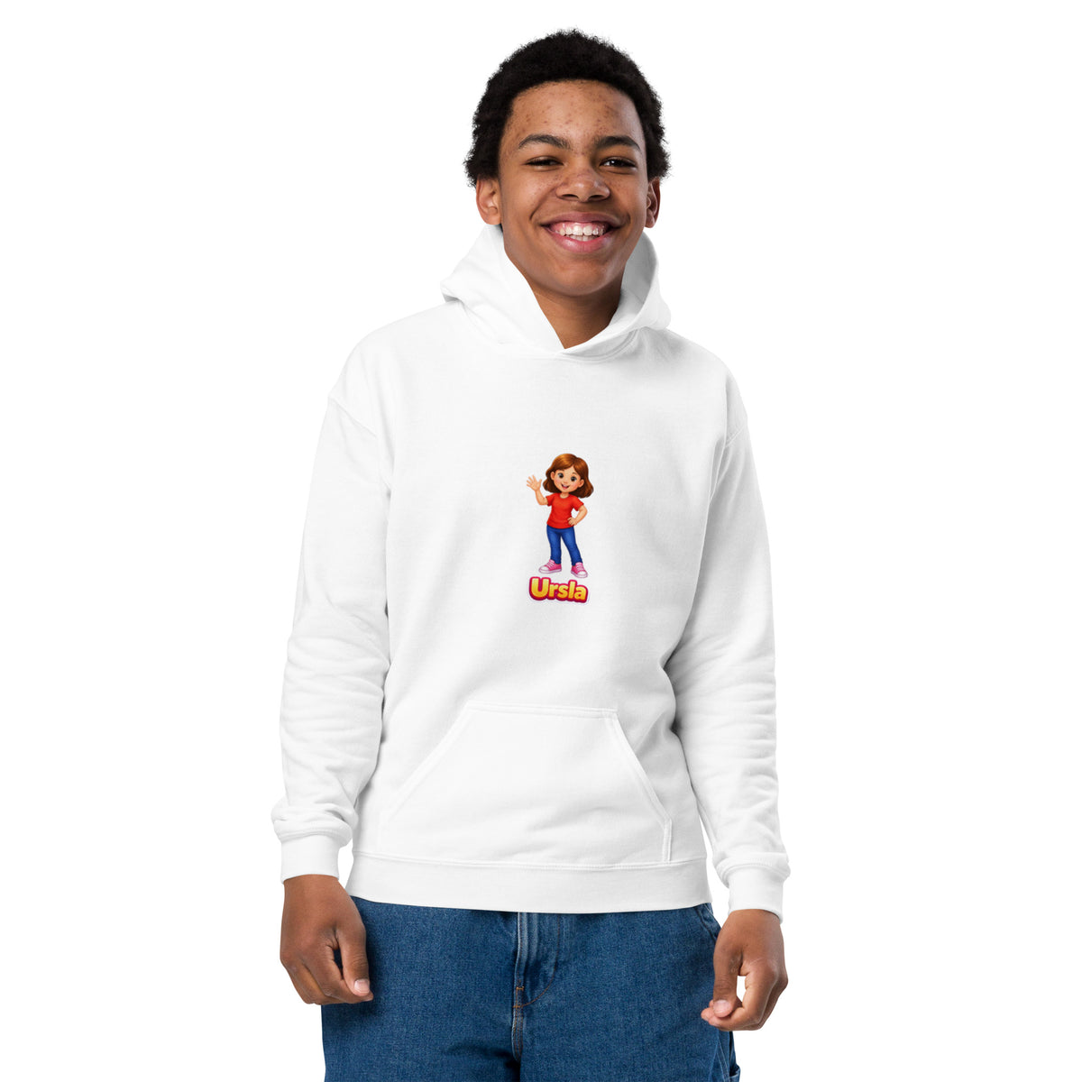 BrightBuddySkills Ursla youth hoodie in white, front view on model, featuring Ursla