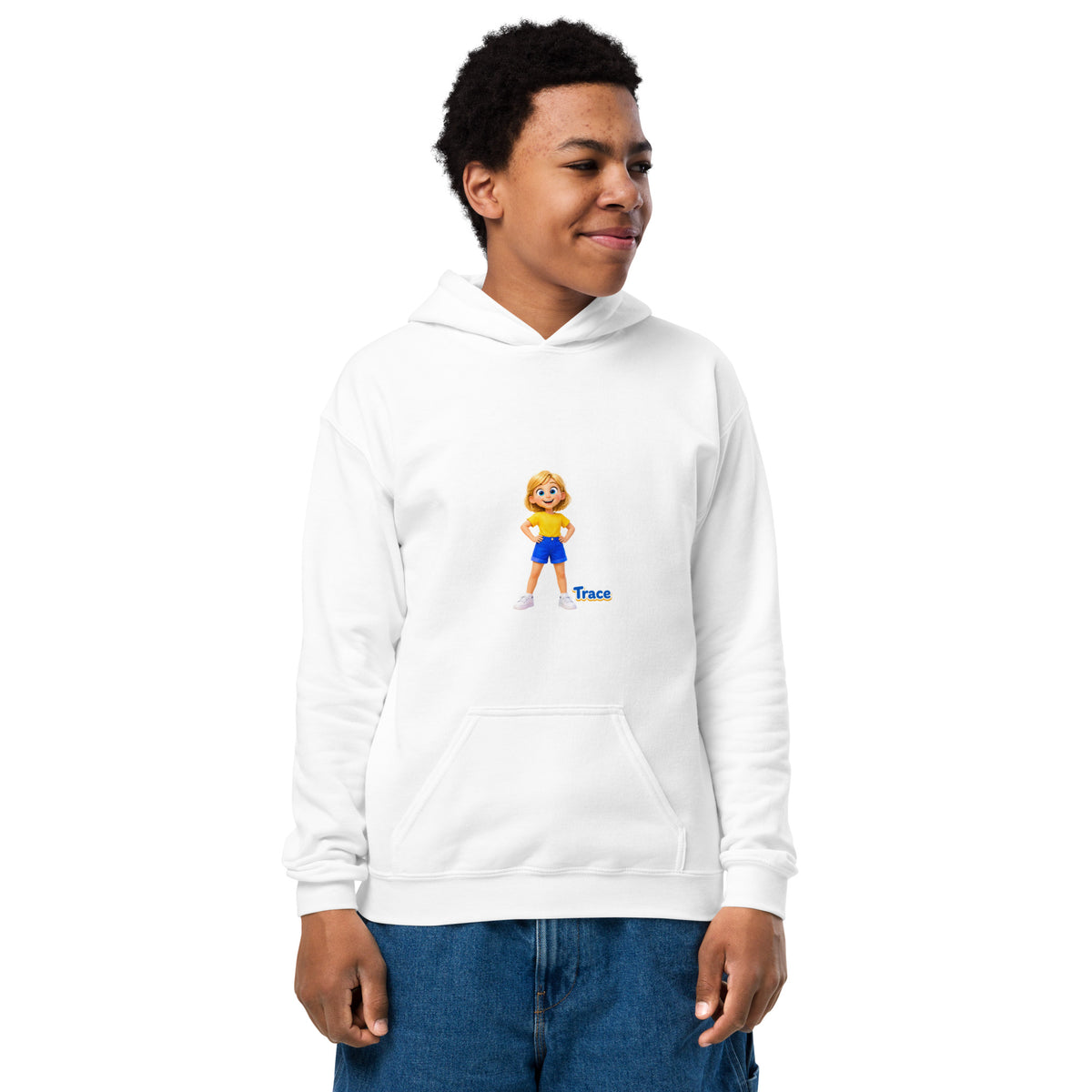 BrightBuddySkills Trace youth hoodie in white, front view, featuring Trace