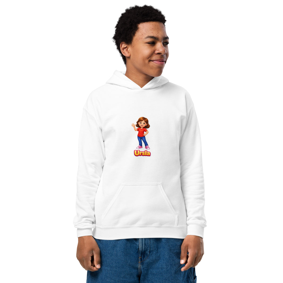 BrightBuddySkills Ursla youth hoodie in white, front view, featuring Ursla
