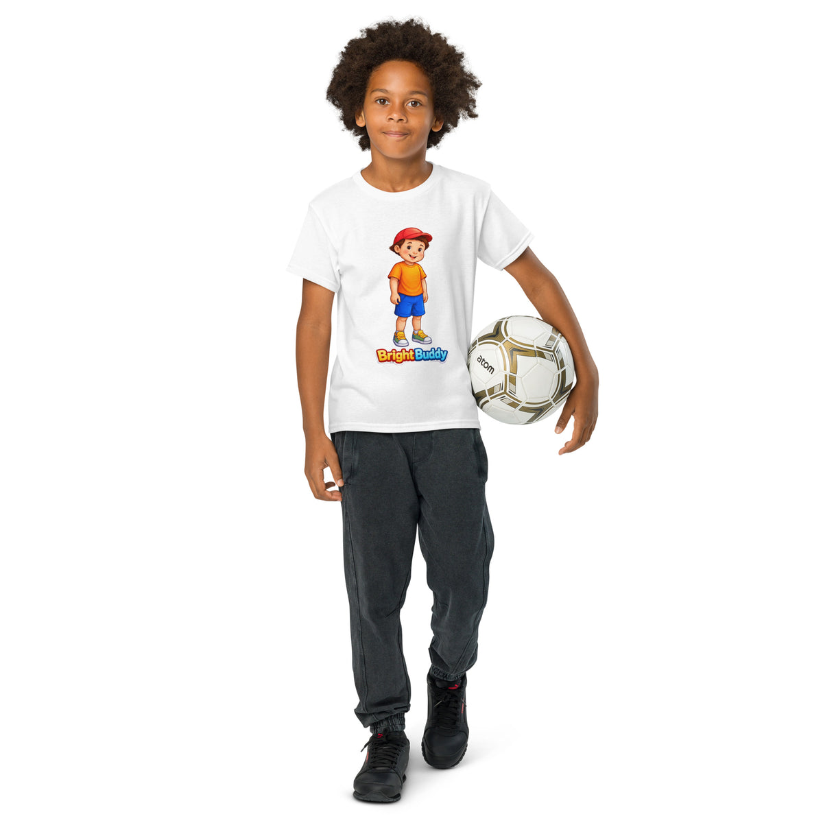 BrightBuddySkills BrightBuddy kids T-shirt in white, worn by a child, front view, featuring BrightBuddy