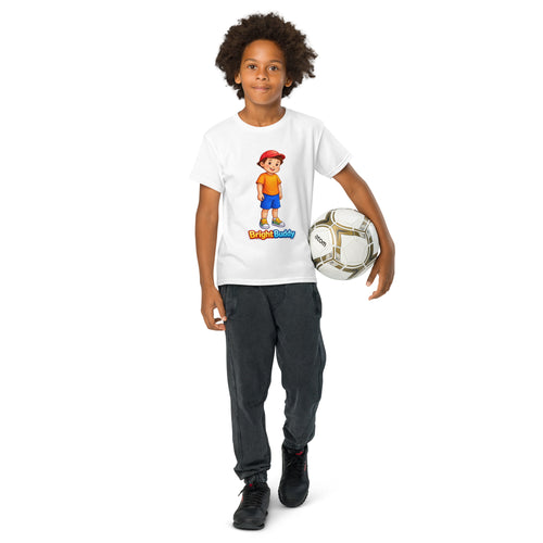 BrightBuddySkills BrightBuddy kids T-shirt in white, worn by a child, front view, featuring BrightBuddy