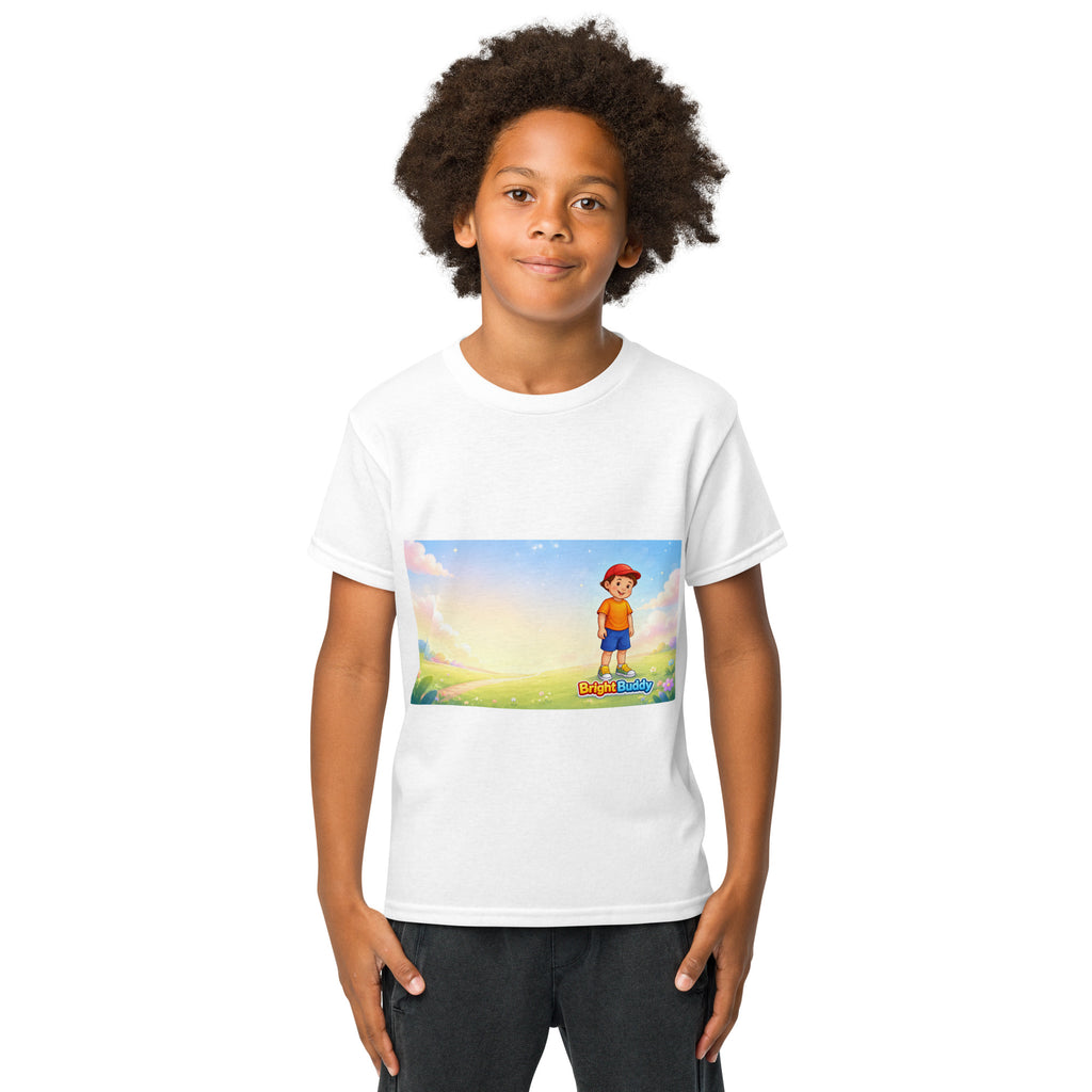BrightBuddySkills BrightBuddy kids' T-shirt, white, front view (product mockup)