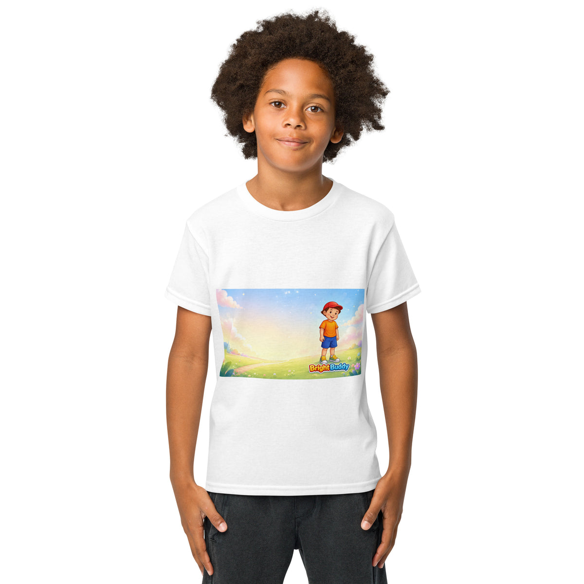 BrightBuddySkills BrightBuddy kids' T-shirt, white, front view (product mockup)